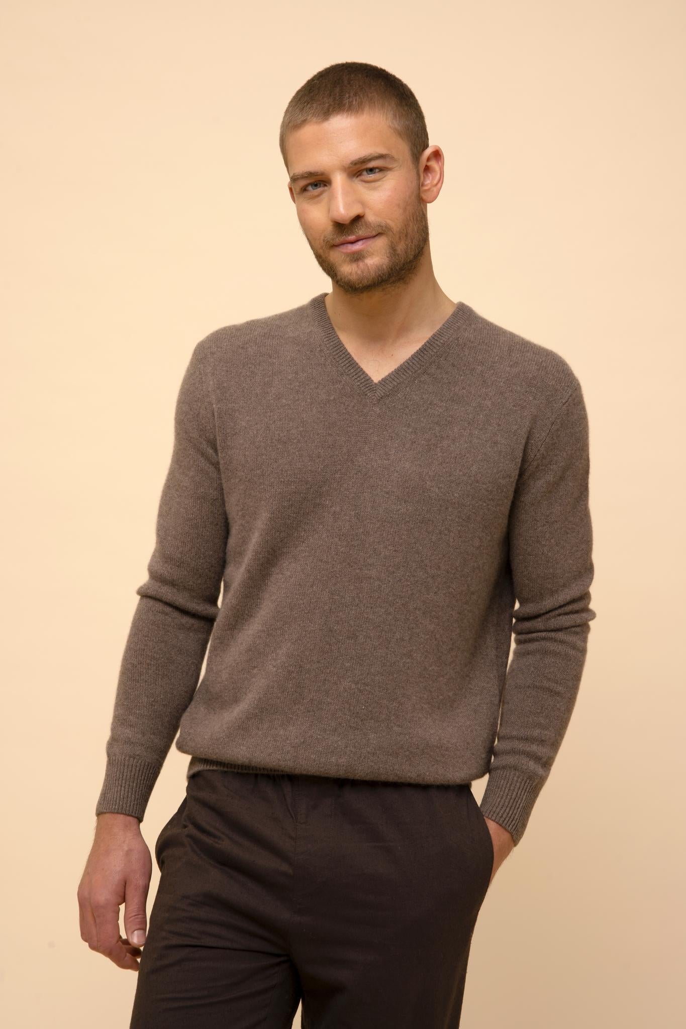NATHAN taupe mottled v-neck sweater