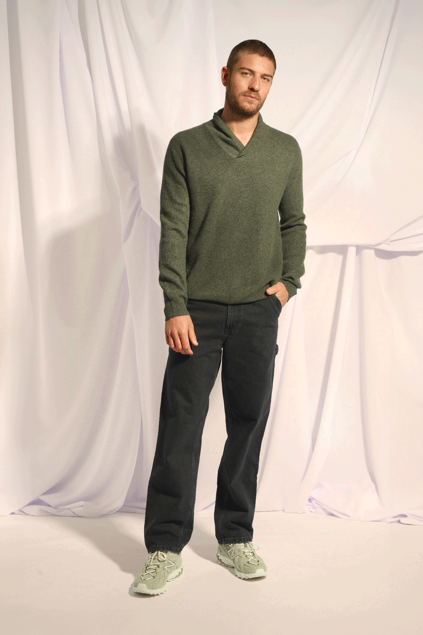 NINA shawl collar sweater khaki mottled