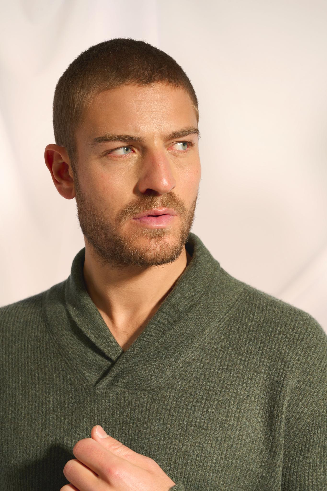 NINA shawl collar sweater khaki mottled
