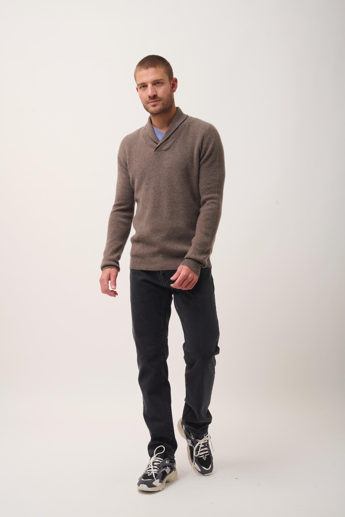 NINA mottled taupe shawl-collar sweater