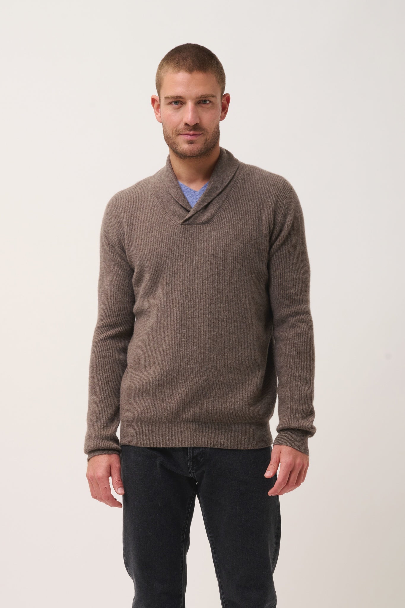 NINA mottled taupe shawl-collar sweater