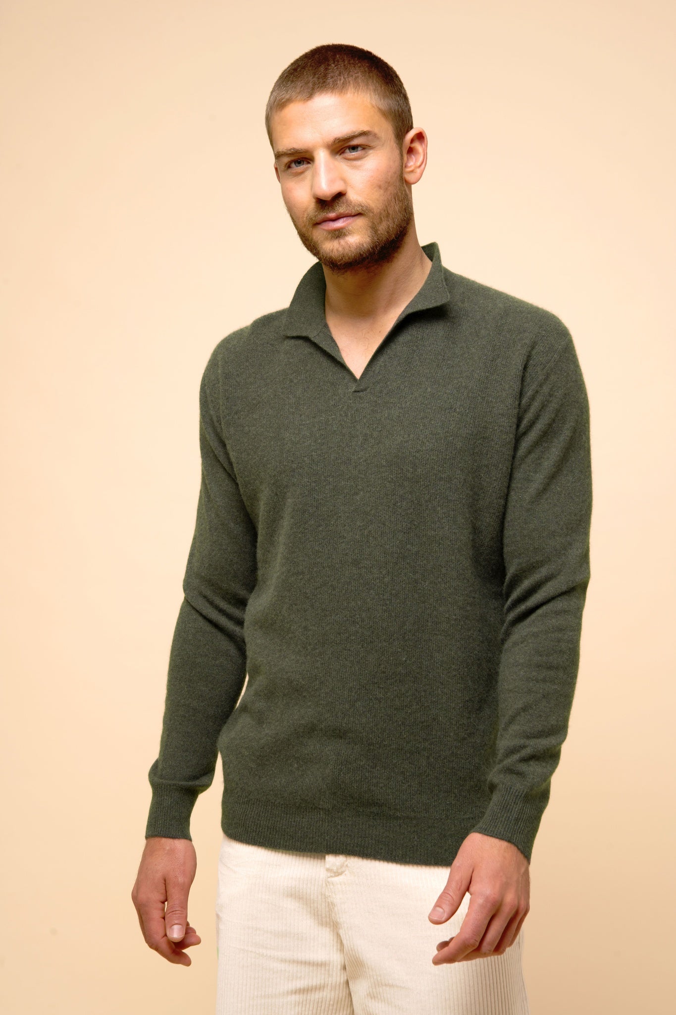 NOAH pull col polo ouvert kaki chiné