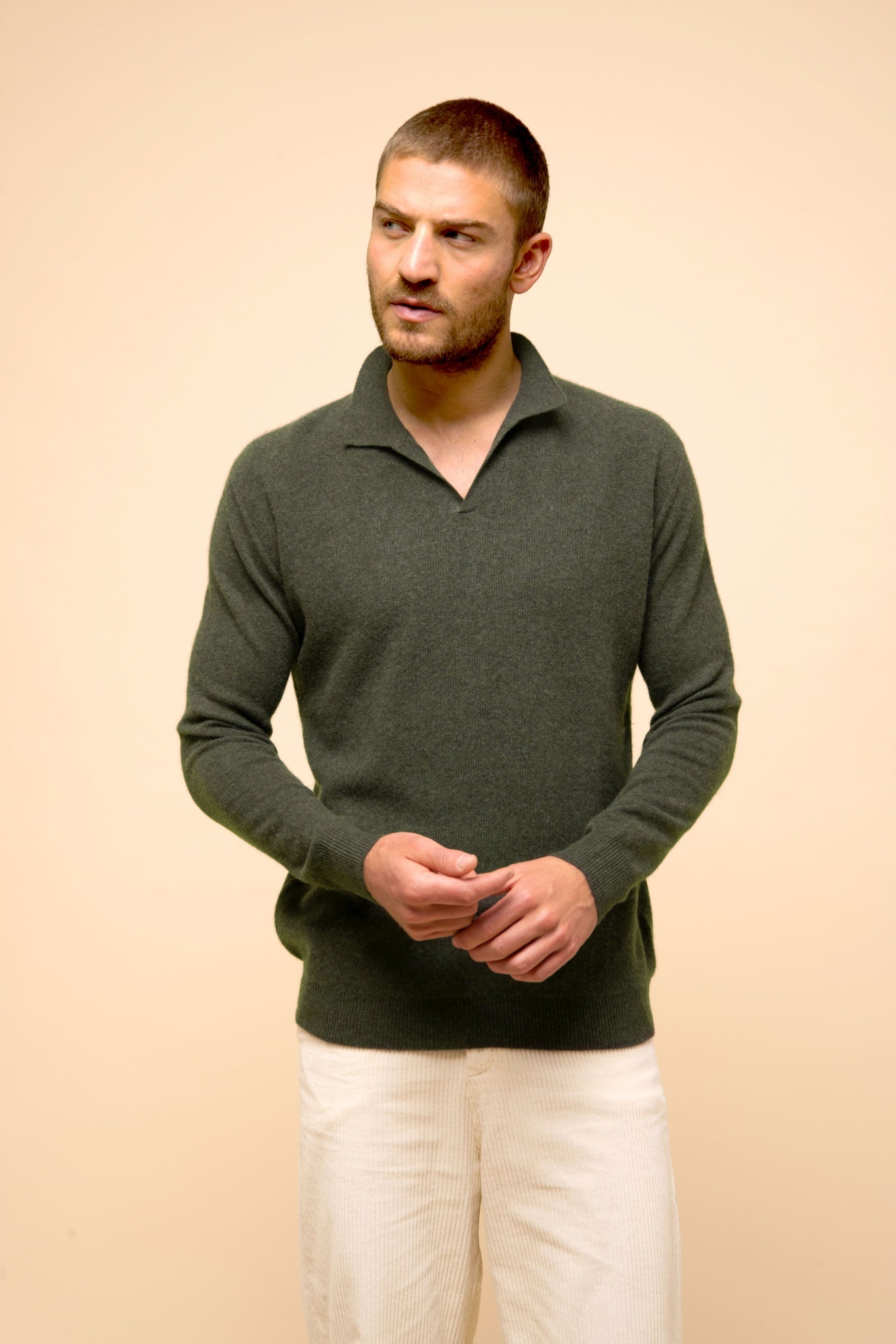 NOAH open polo-neck sweater khaki mottled