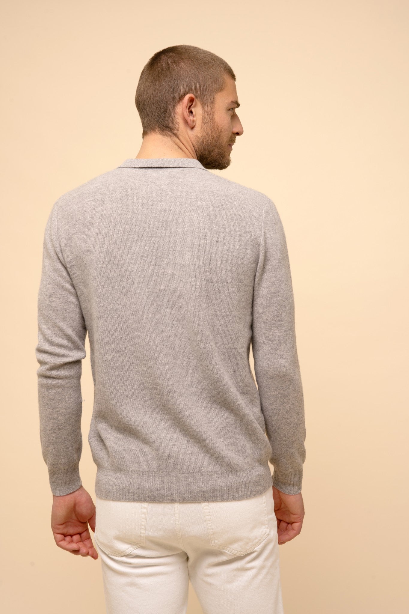 Noah open polo neck sweater in mottled cloud 100% cashmere