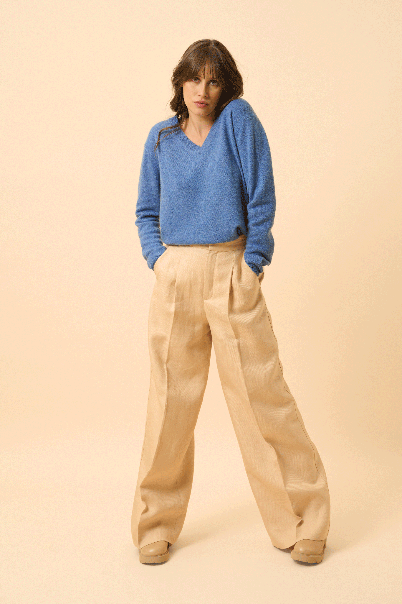 NORA pull col v bleu denim