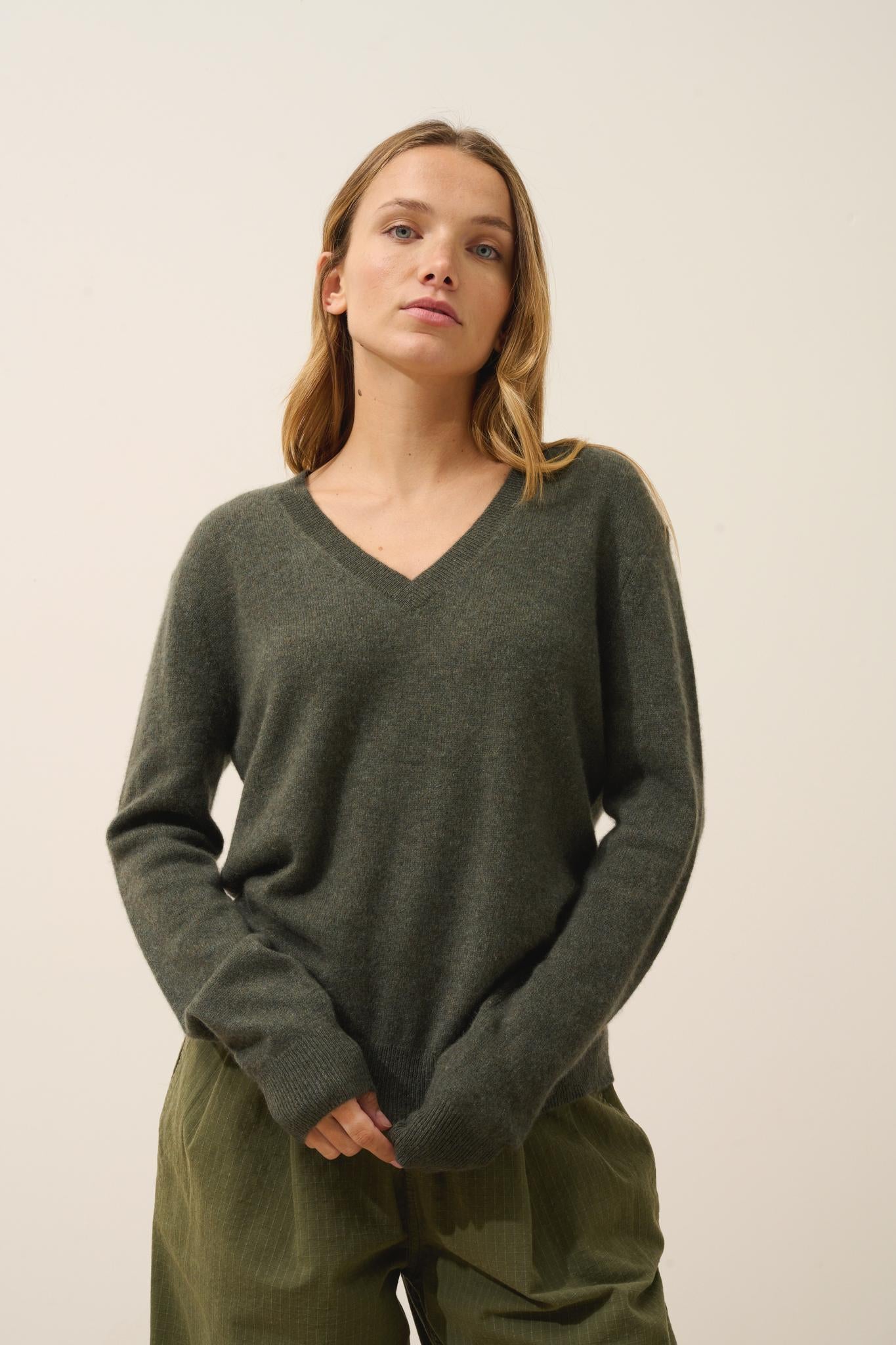 NORA khaki mottled v-neck sweater