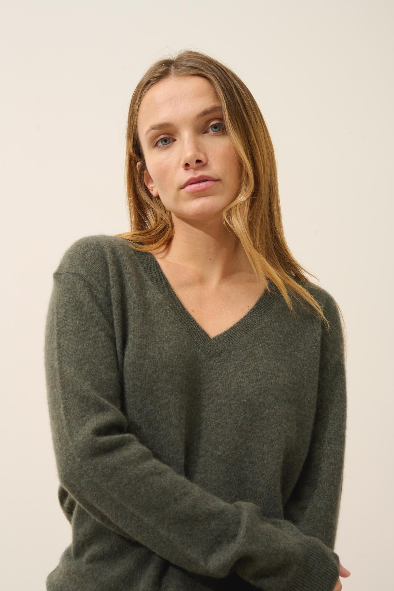 NORA khaki mottled v-neck sweater