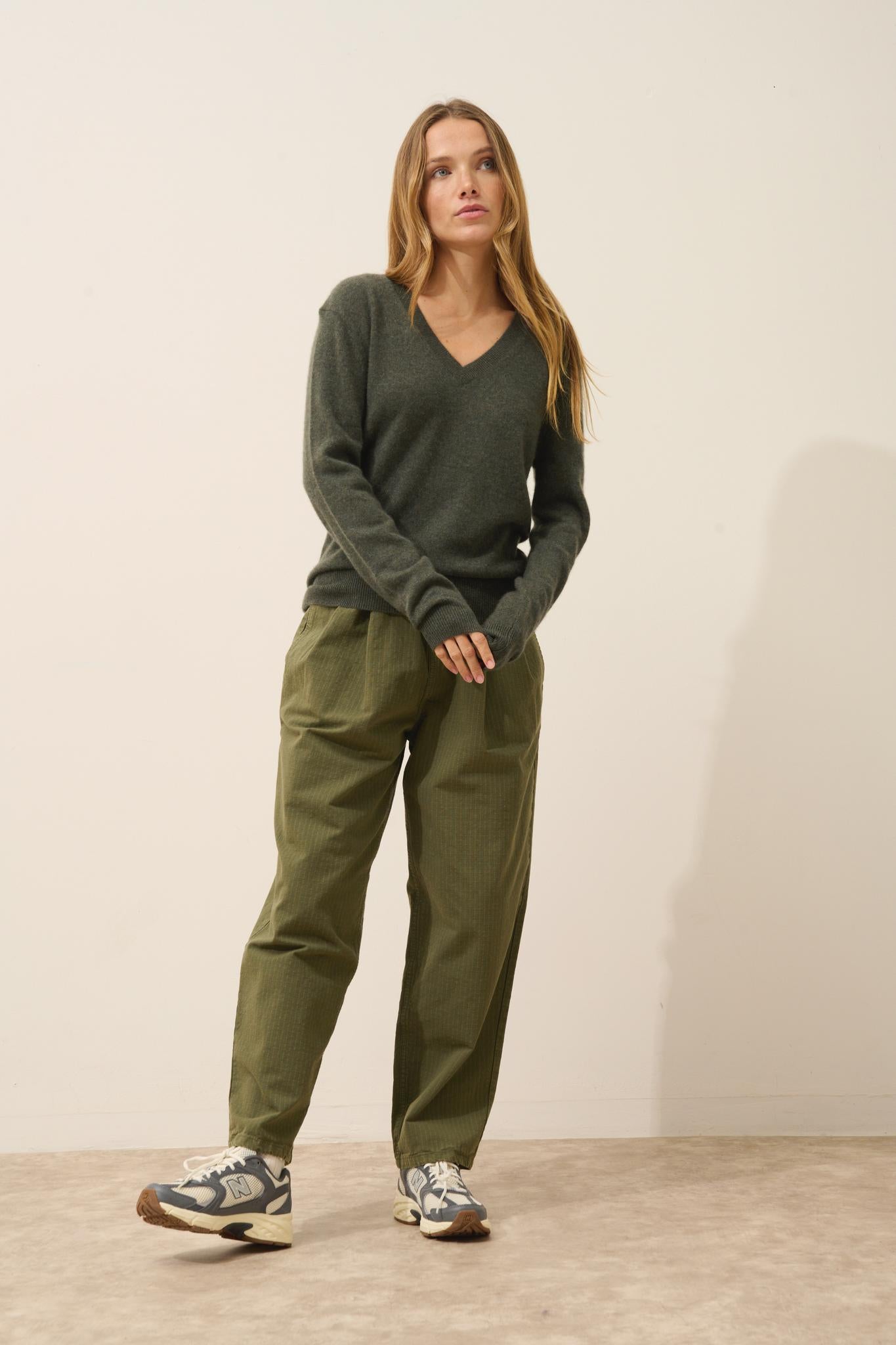 NORA khaki mottled v-neck sweater