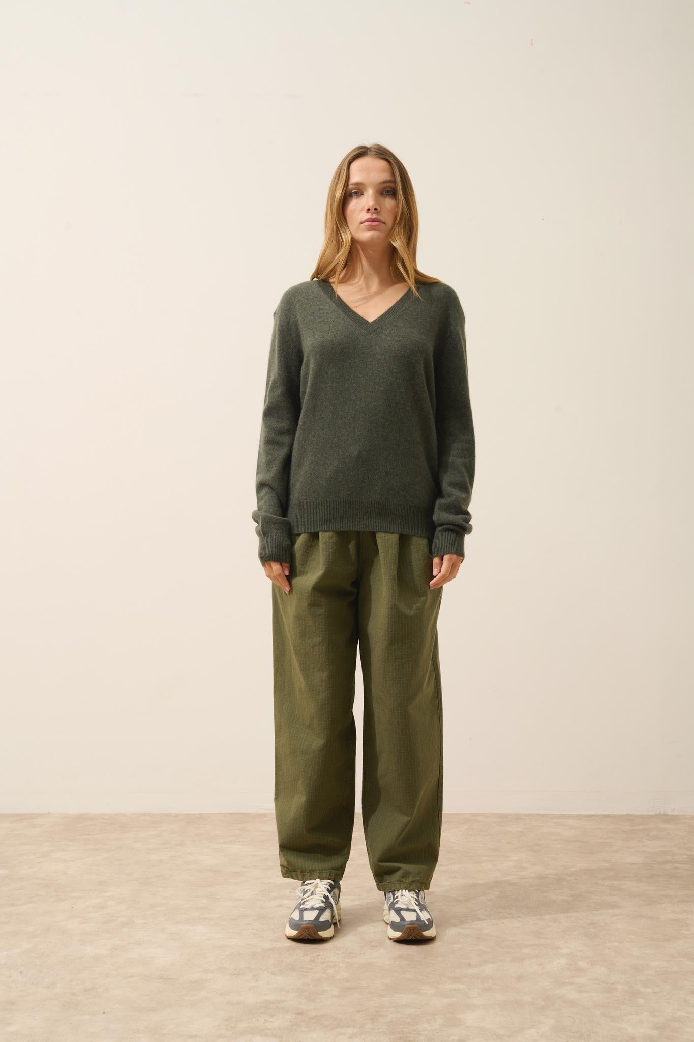 NORA khaki mottled v-neck sweater