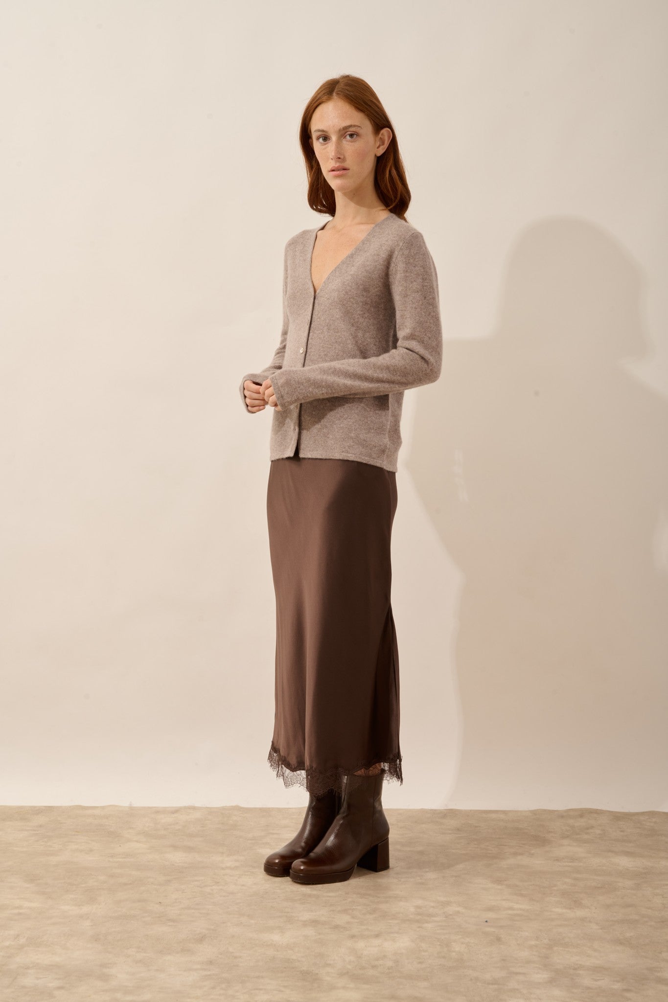 norma cardigan col v caribou chiné 100% cachemire