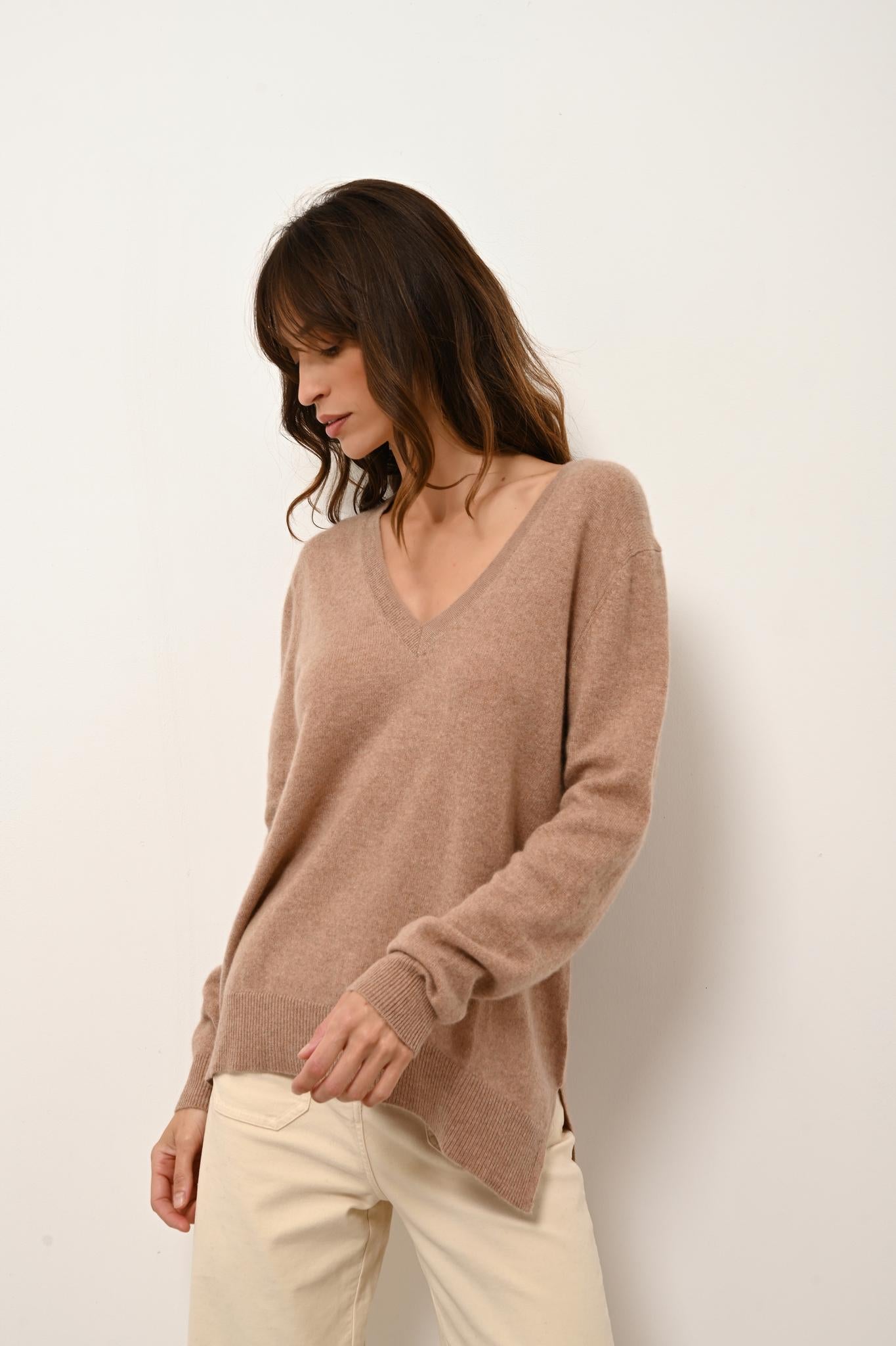 OPAL pull col v camel chiné