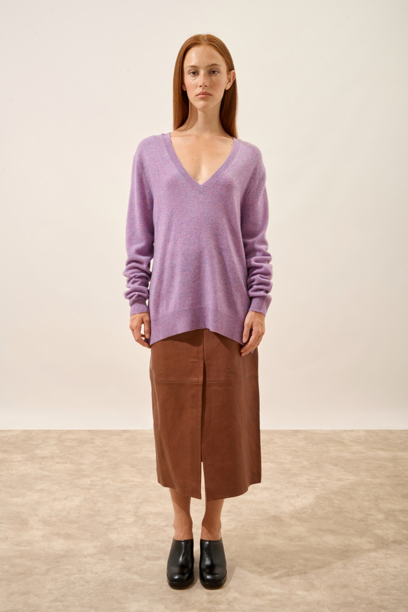 opal pull col v devant et dos lilas chiné 100% cachemire