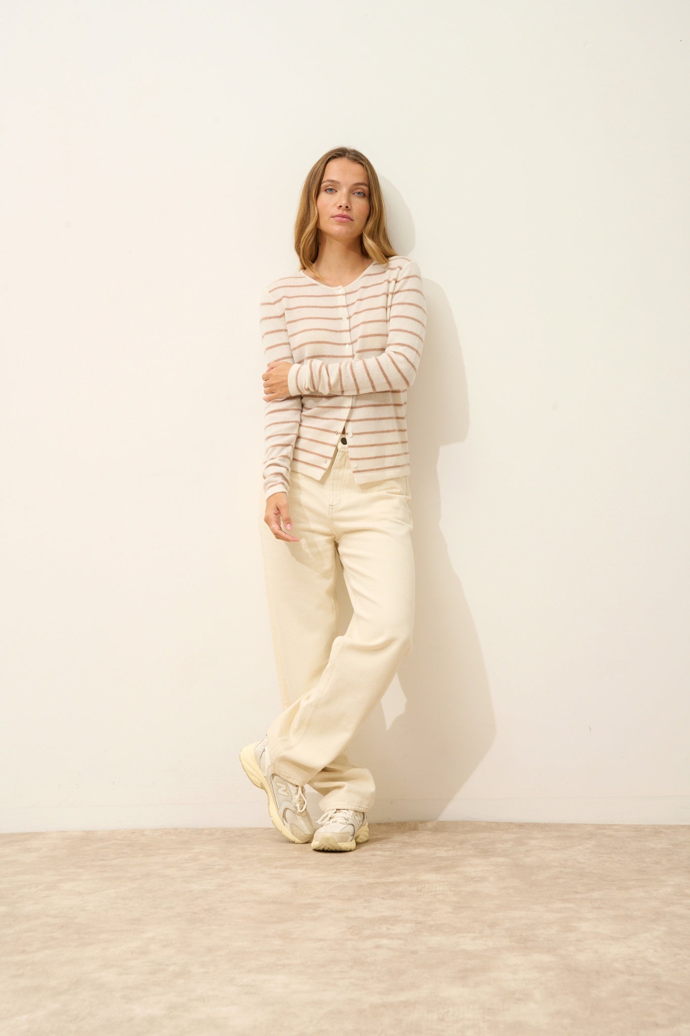 OPHELIA cardigan col rond bi-color camel chiné/ivoire