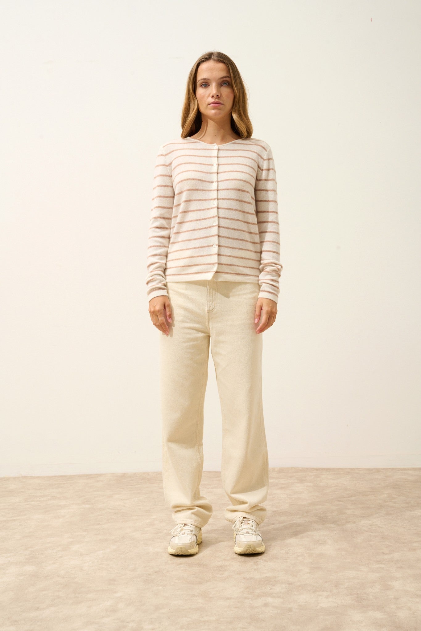 ophelia cardigan col rond bi-color camel chiné/ivoire 100% cachemire