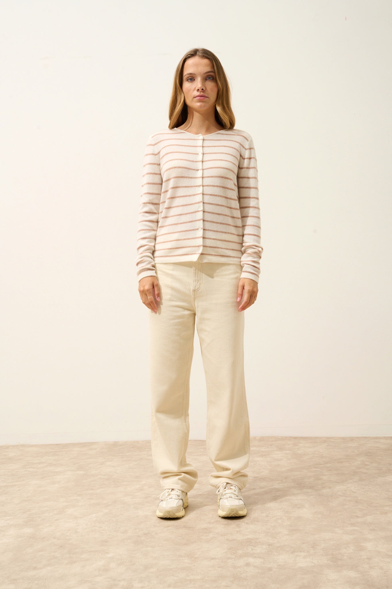 OPHELIA cardigan col rond bi-color camel chiné/ivoire