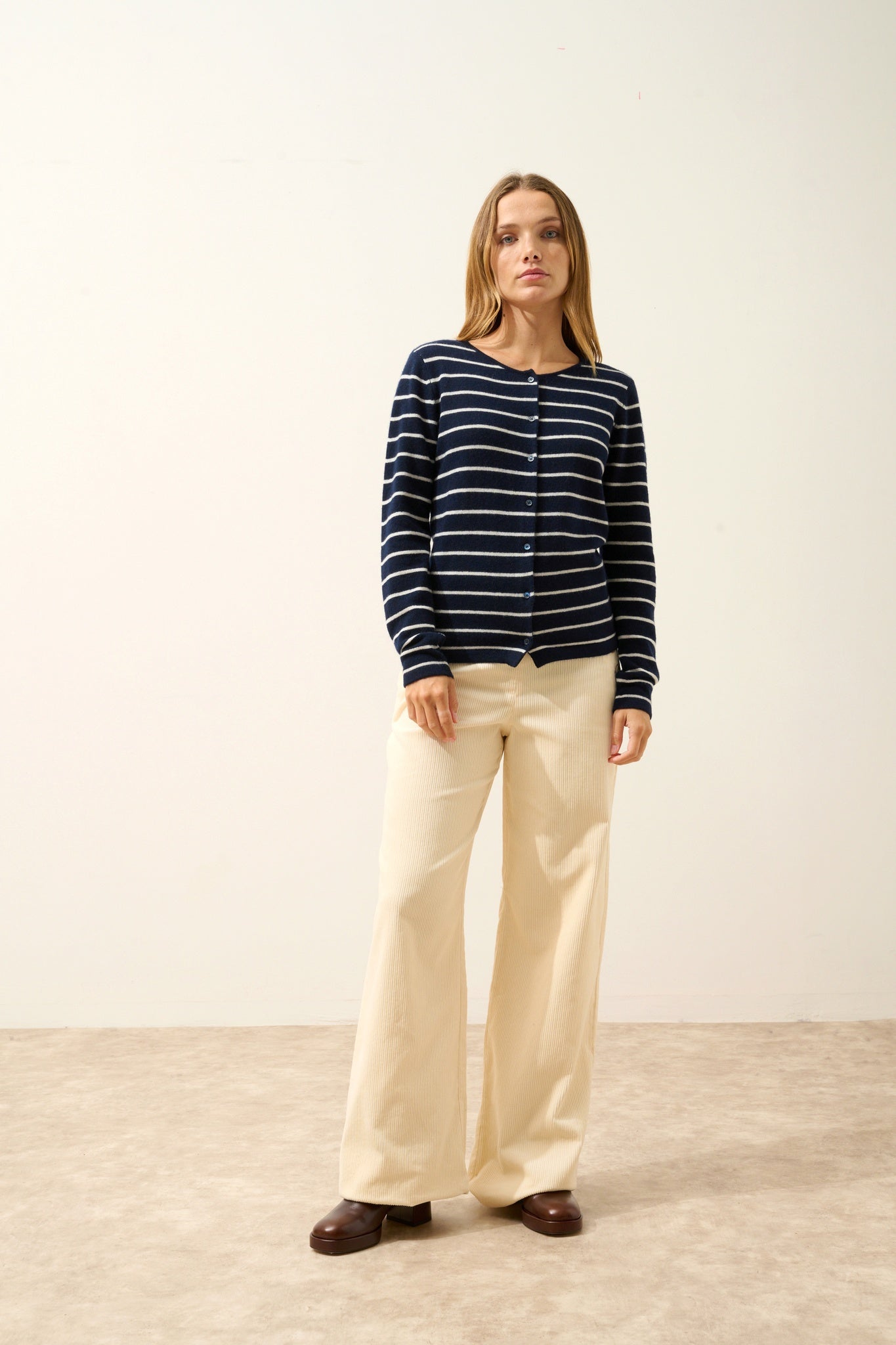 OPHELIA cardigan col rond bi-color navy/ivoire