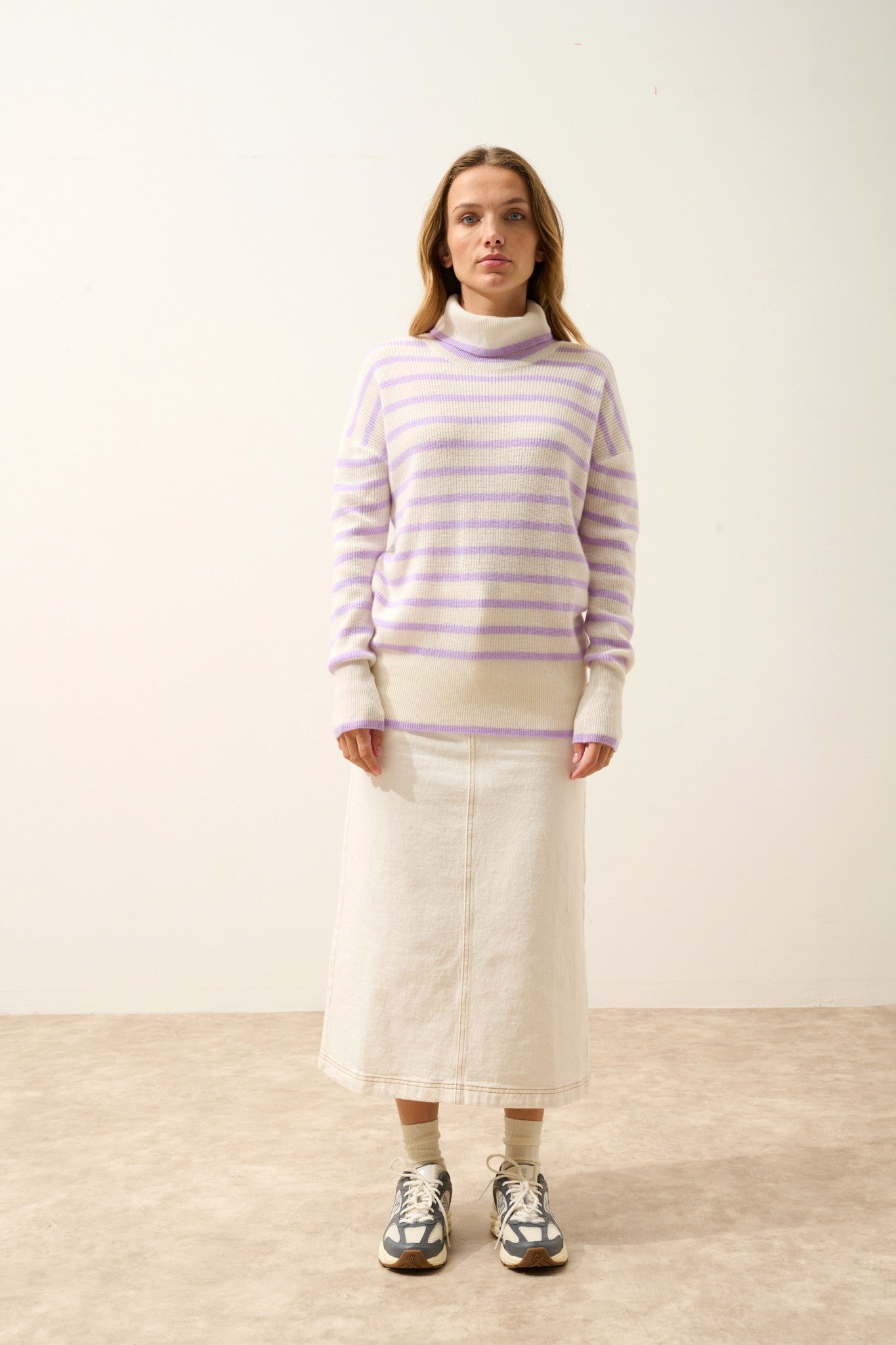 orélis pull col roulé bi-color mauve/ivoire 100% cachemire