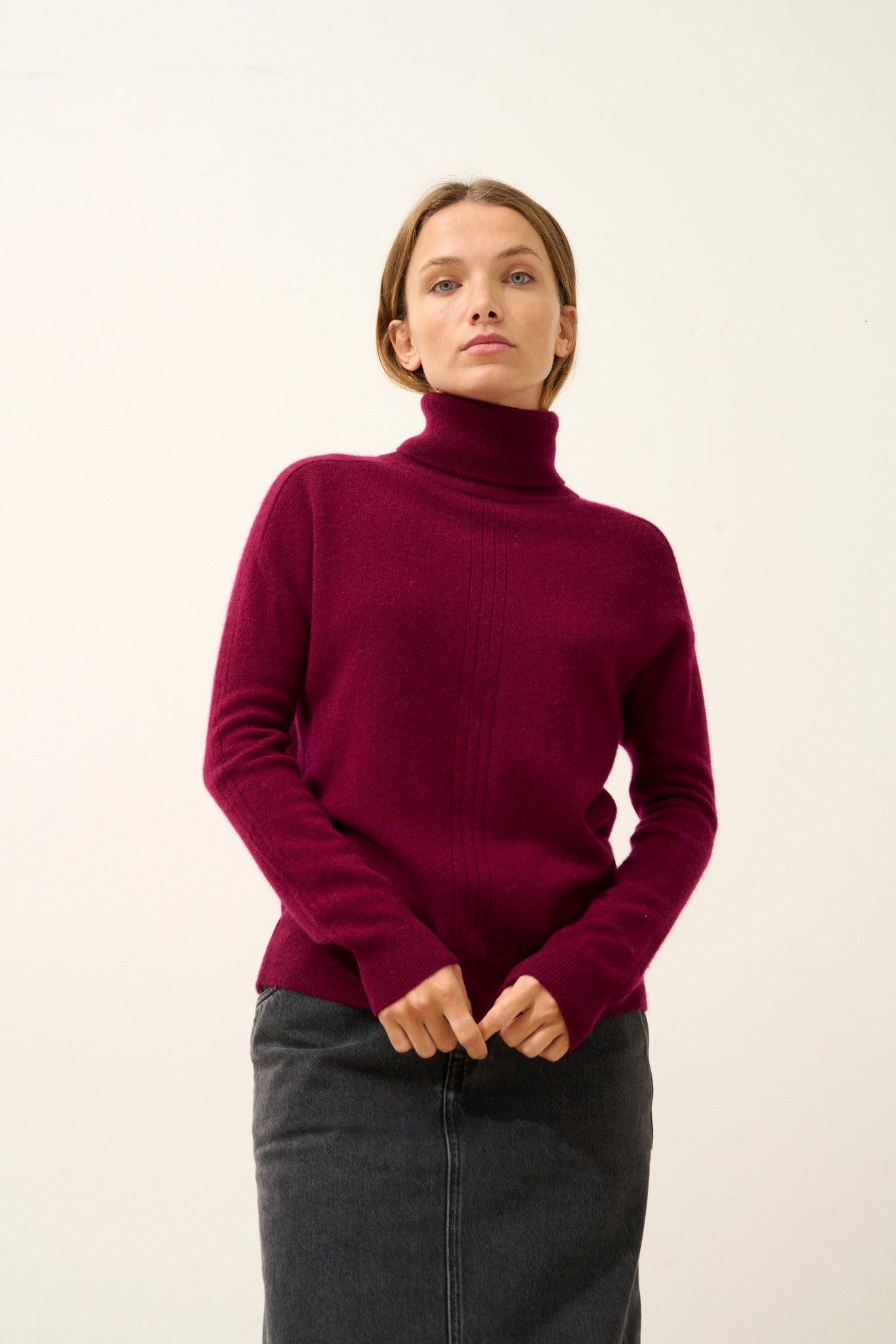 orianne pull col roulé bordeaux 100% cachemire