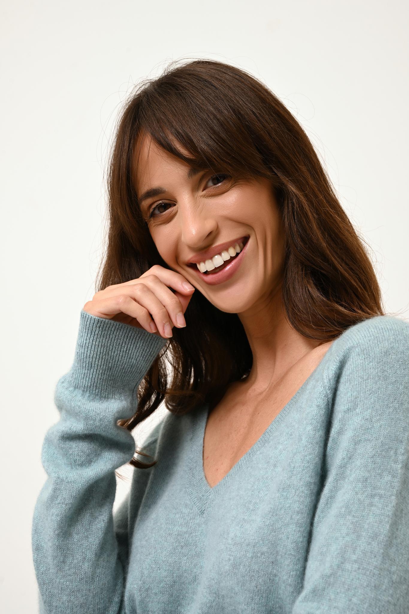 PHOEBE pull col v aqua chiné