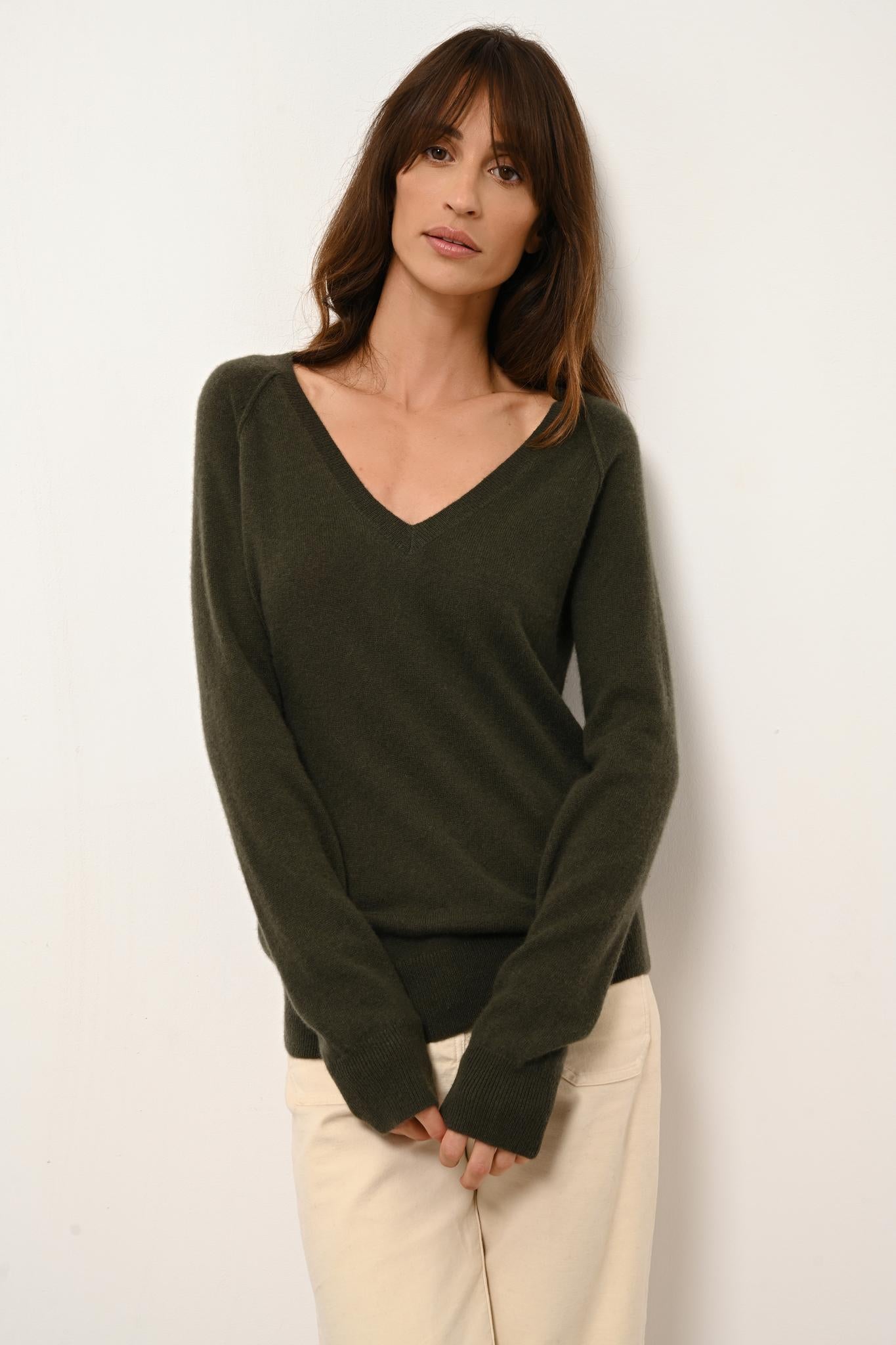 PHOEBE khaki v-neck sweater