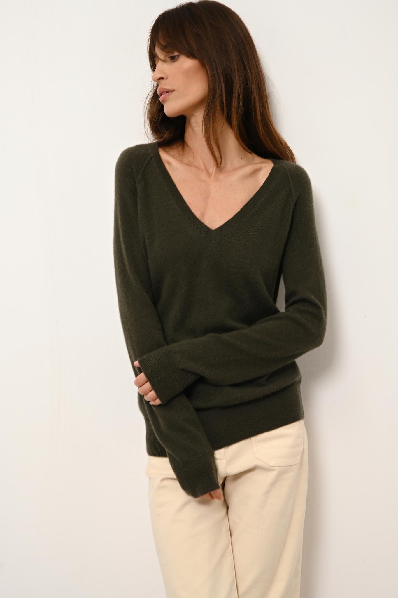 PHOEBE khaki v-neck sweater