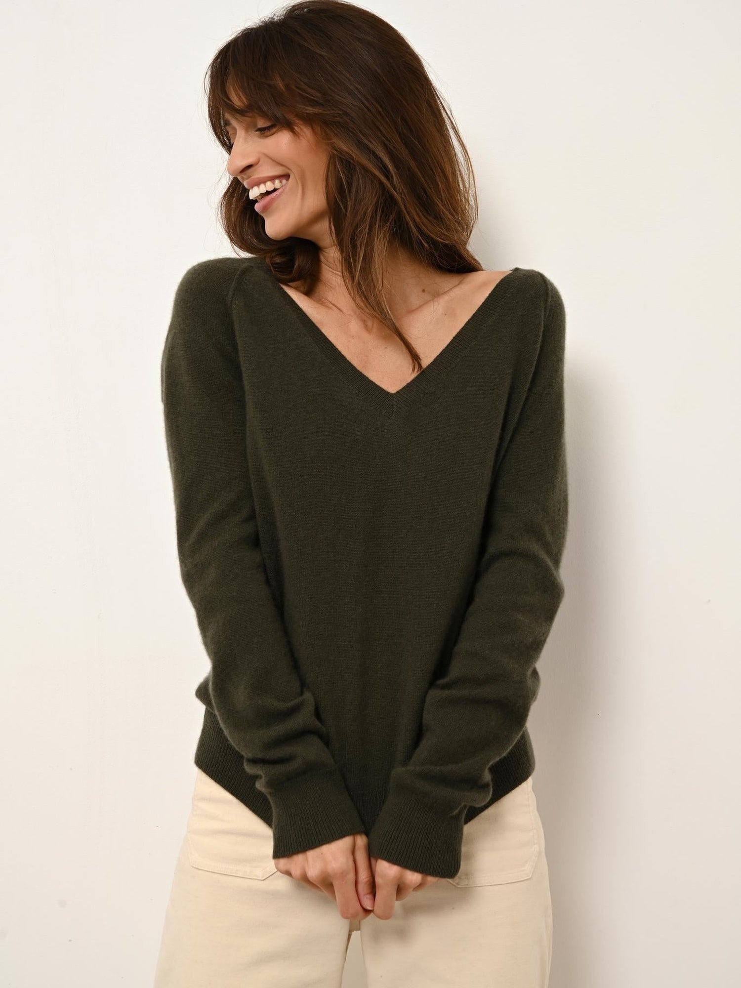 PHOEBE khaki v-neck sweater