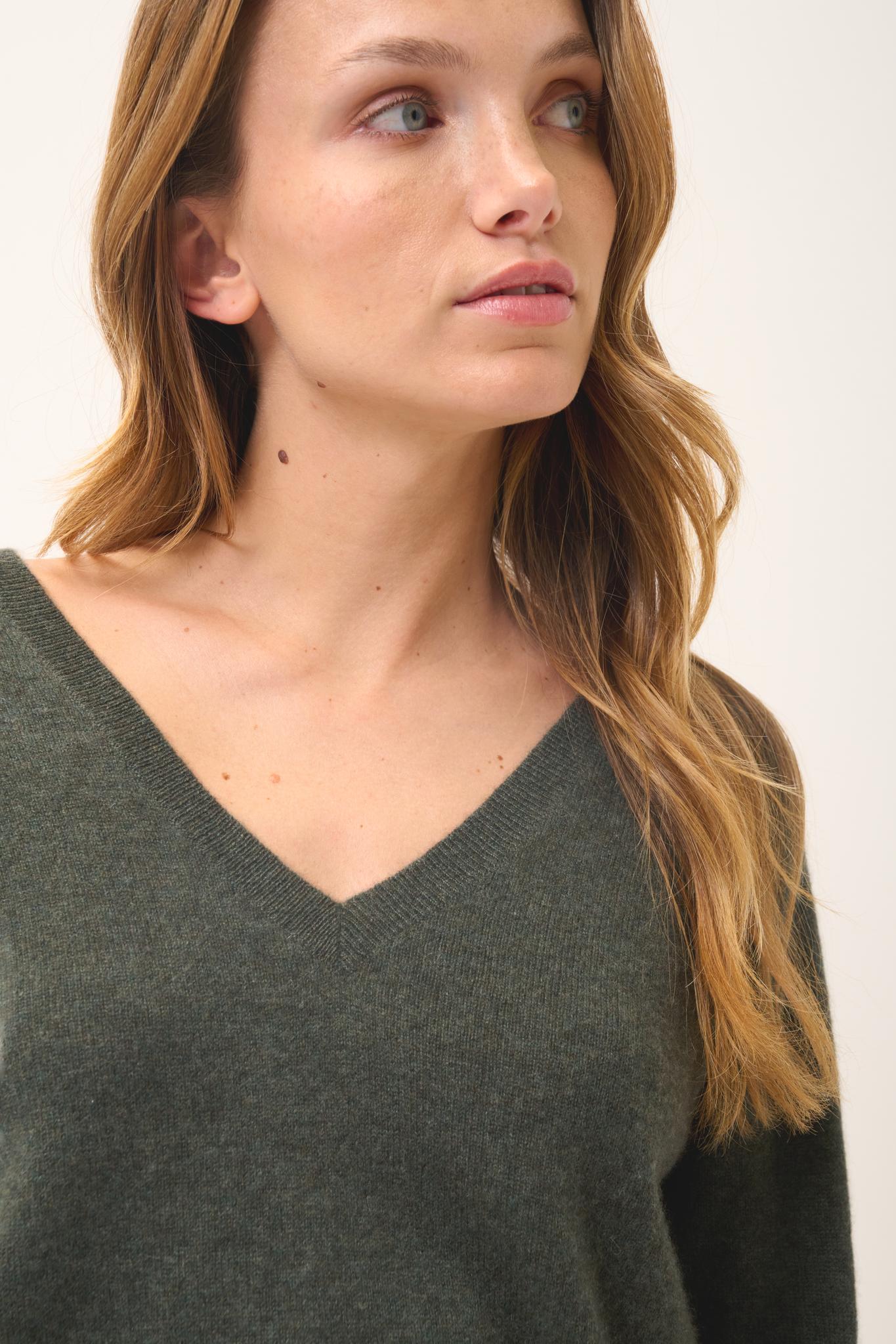 PHOEBE khaki mottled v-neck sweater