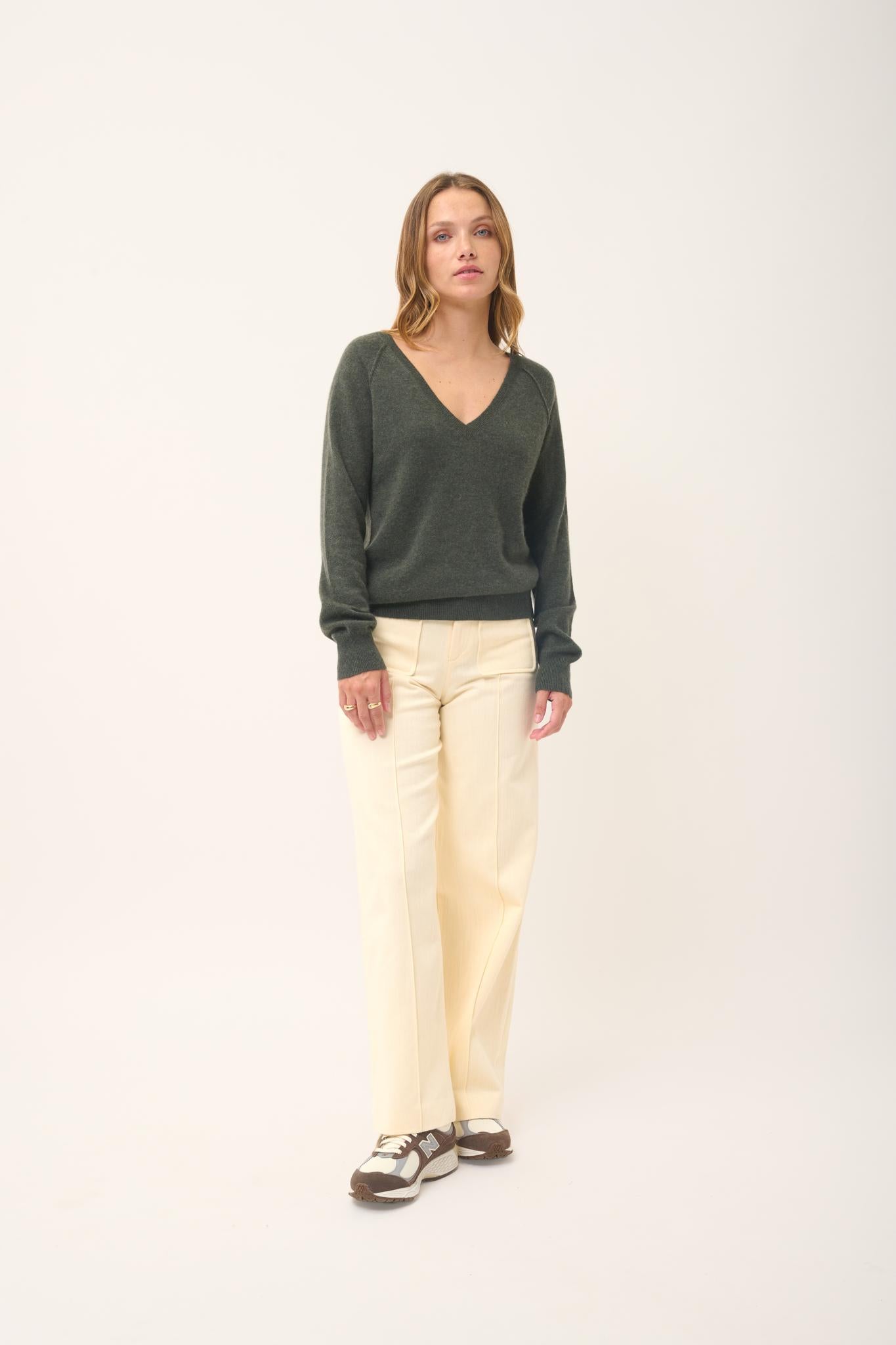 PHOEBE khaki mottled v-neck sweater
