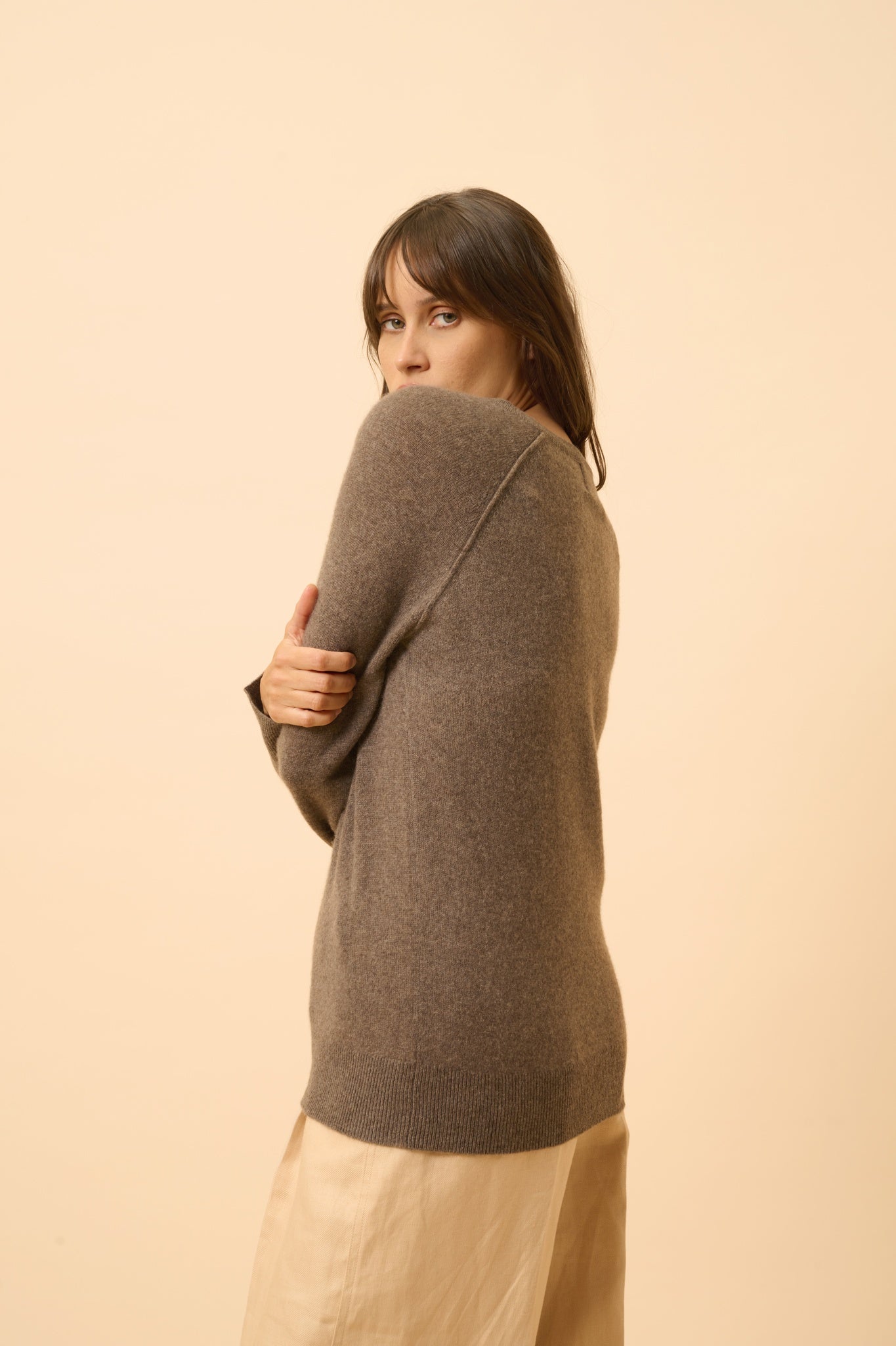 PHOEBE pull col v taupe chiné