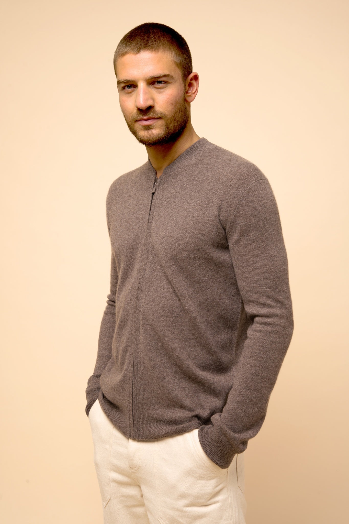 POLNOON gilet col mao taupe chiné