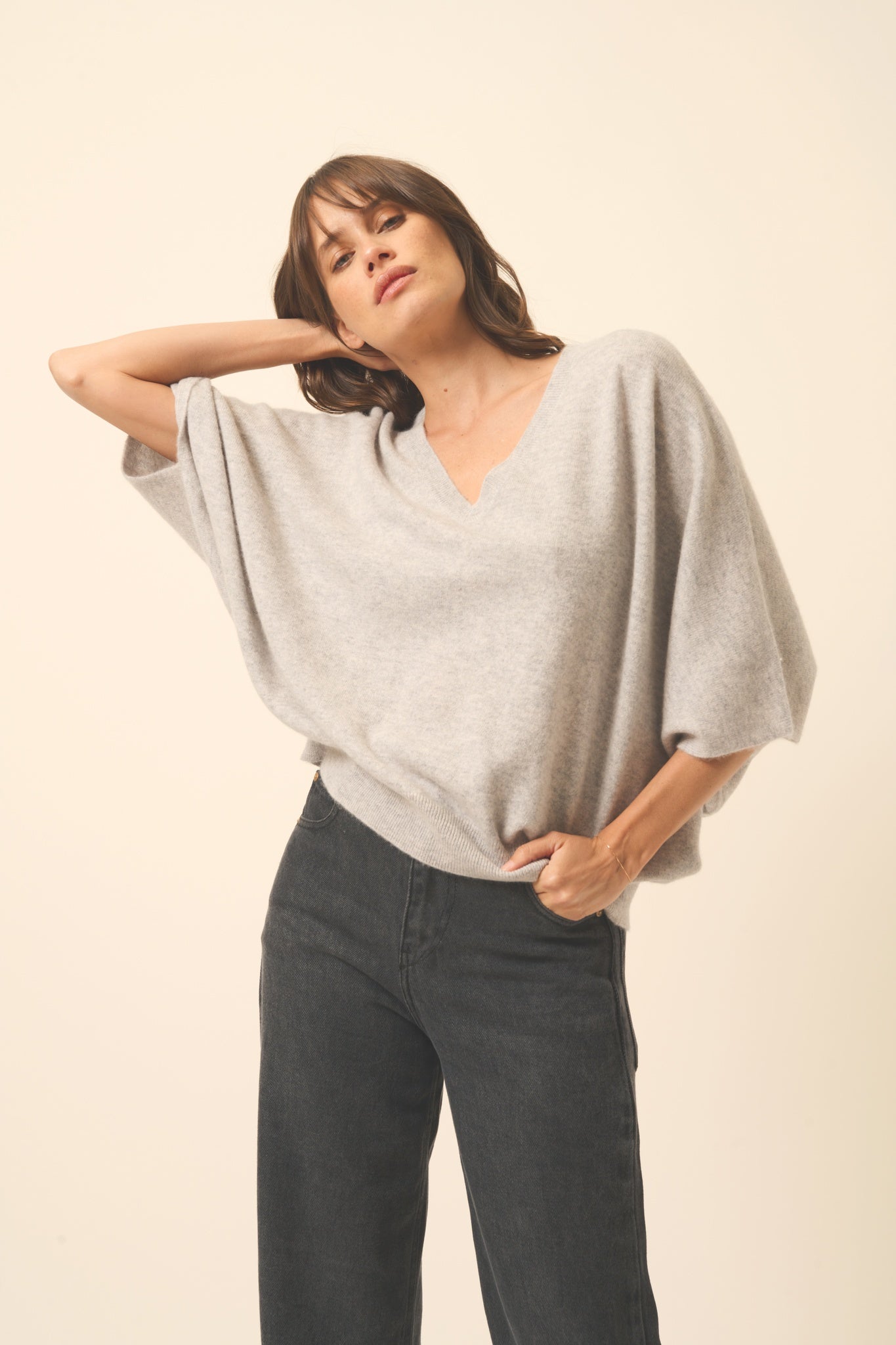 POLO pull col v gris clair chiné