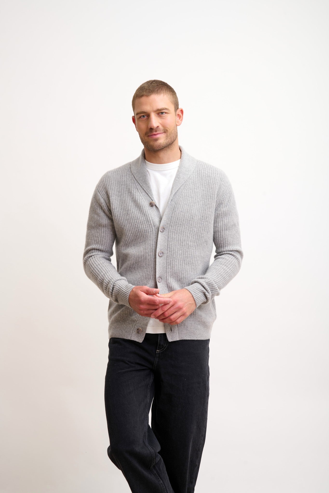 sanji veste boutonnée col châle 4 fils nuage chiné 100% cachemire