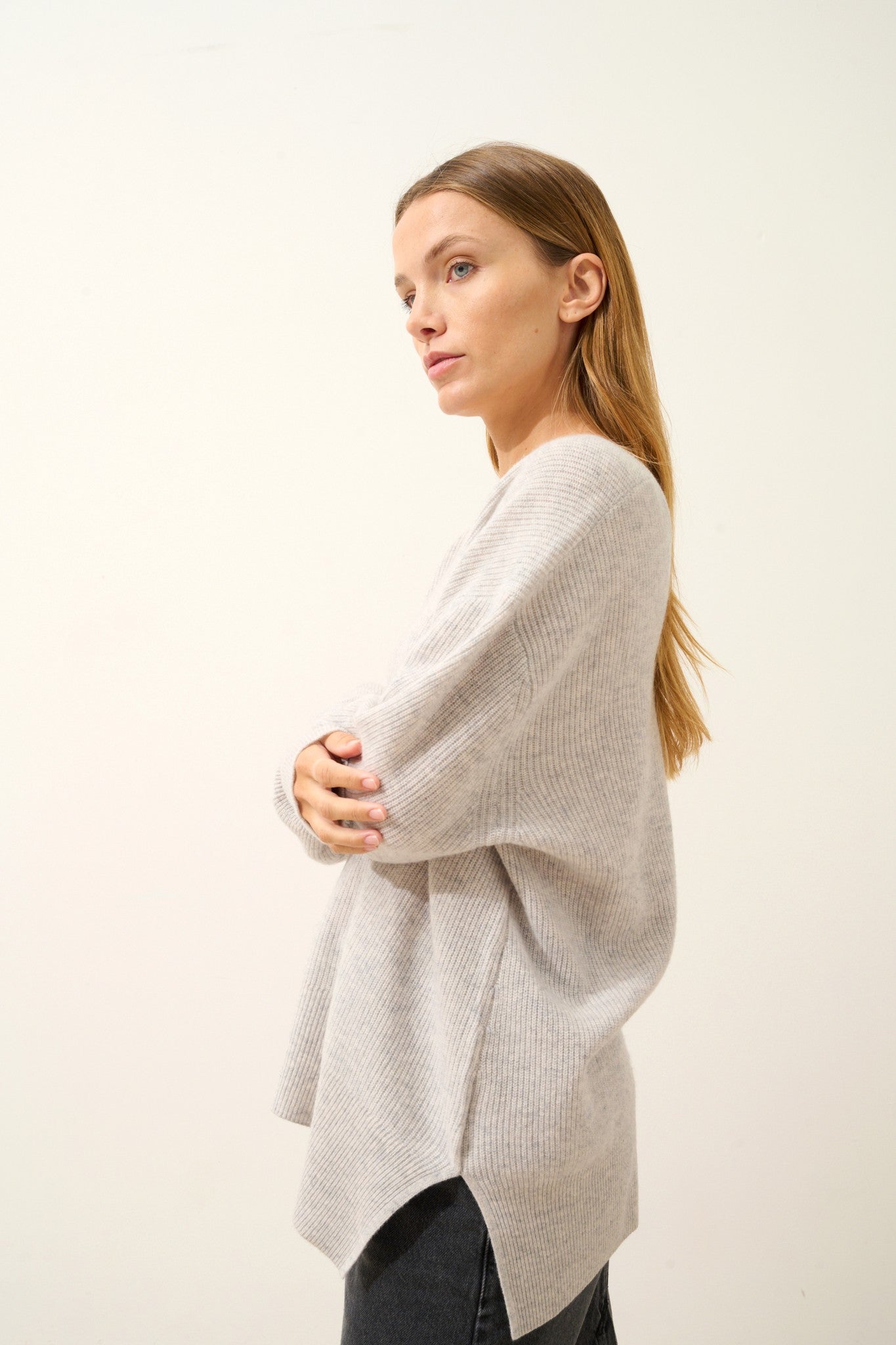 serélis pull col v devant et dos glacier chiné 100% cachemire