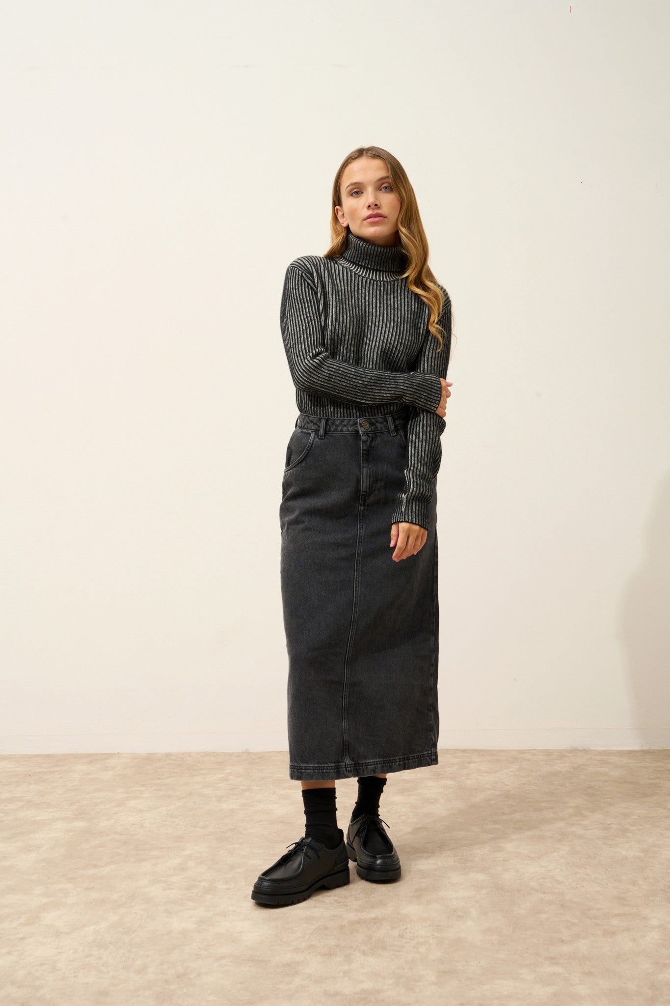 somnia pull col roulé 4 fils noir/ivoire 100% cachemire