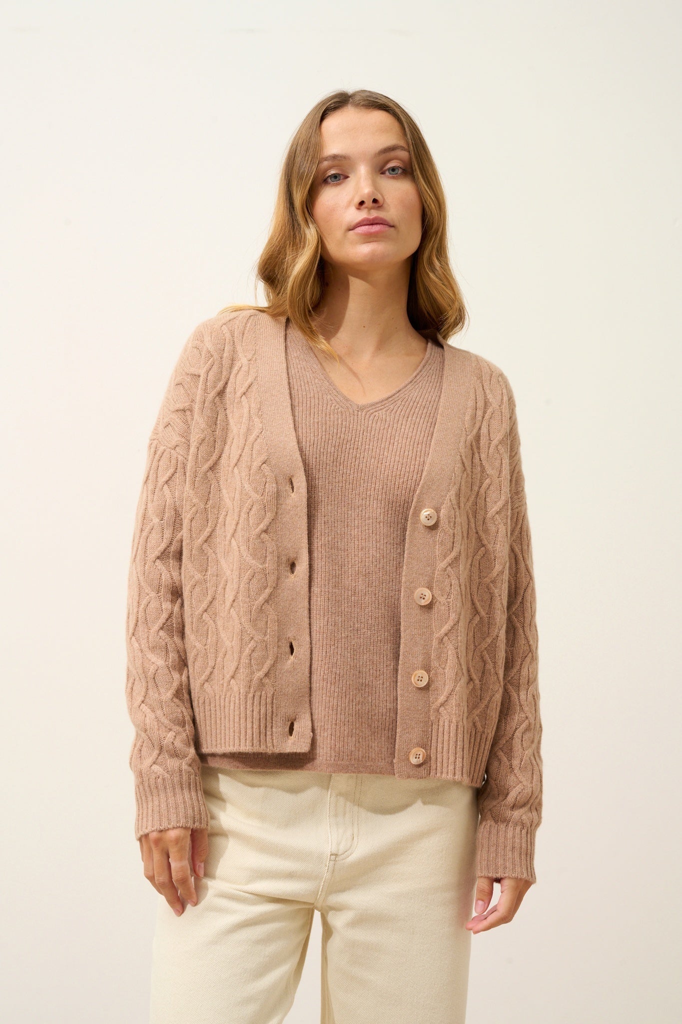 SYSTA cardigan col v camel chiné