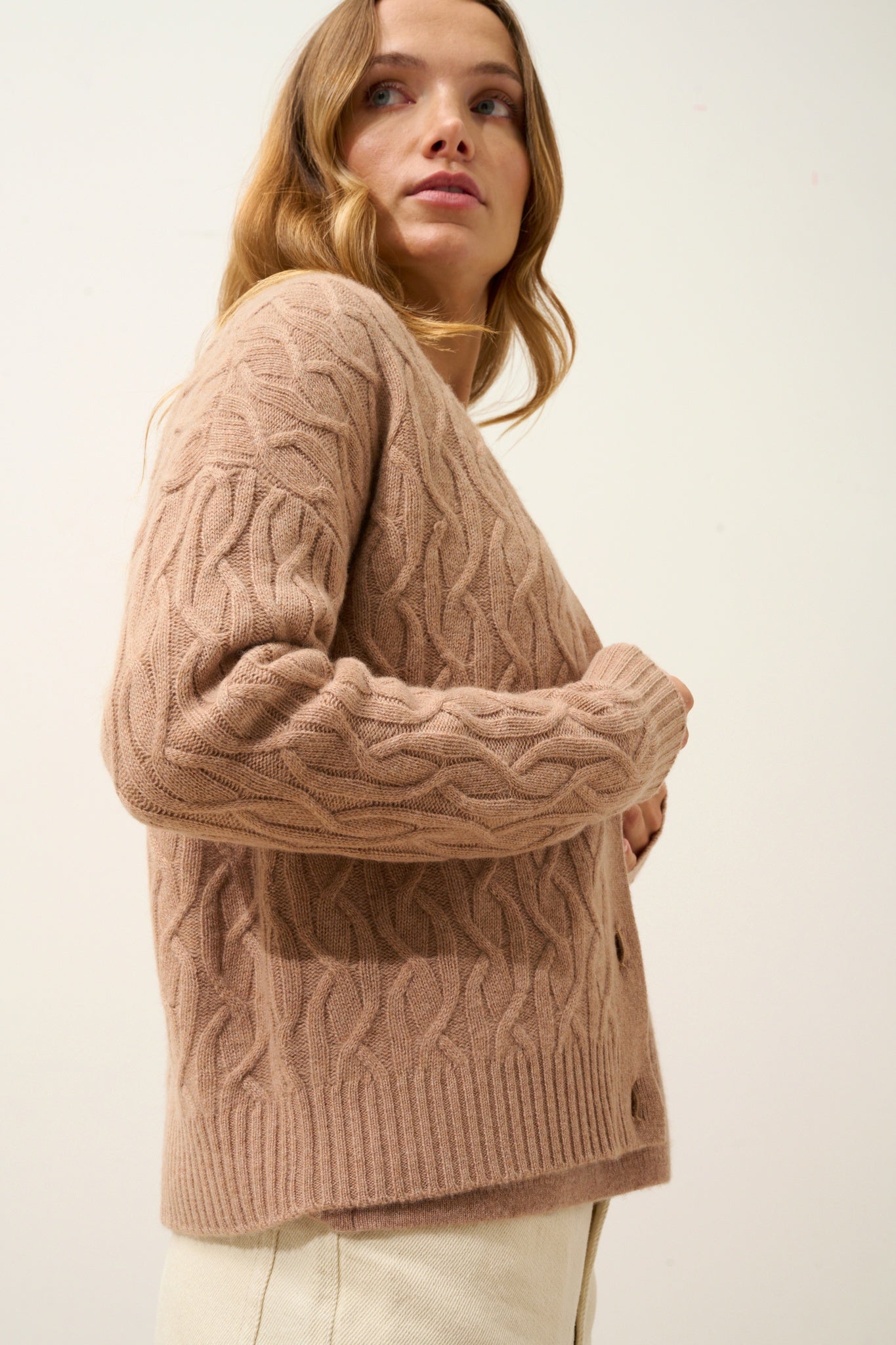 SYSTA cardigan col v camel chiné