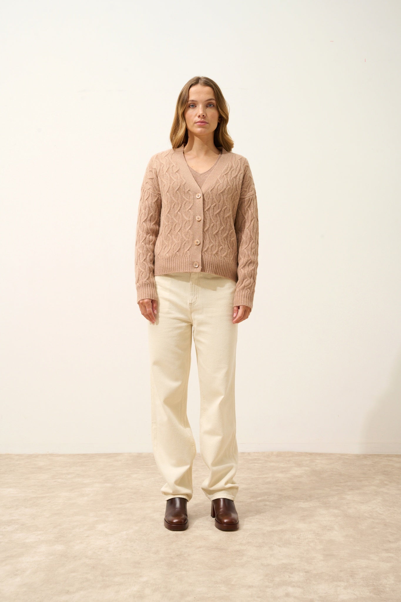 SYSTA cardigan col v camel chiné