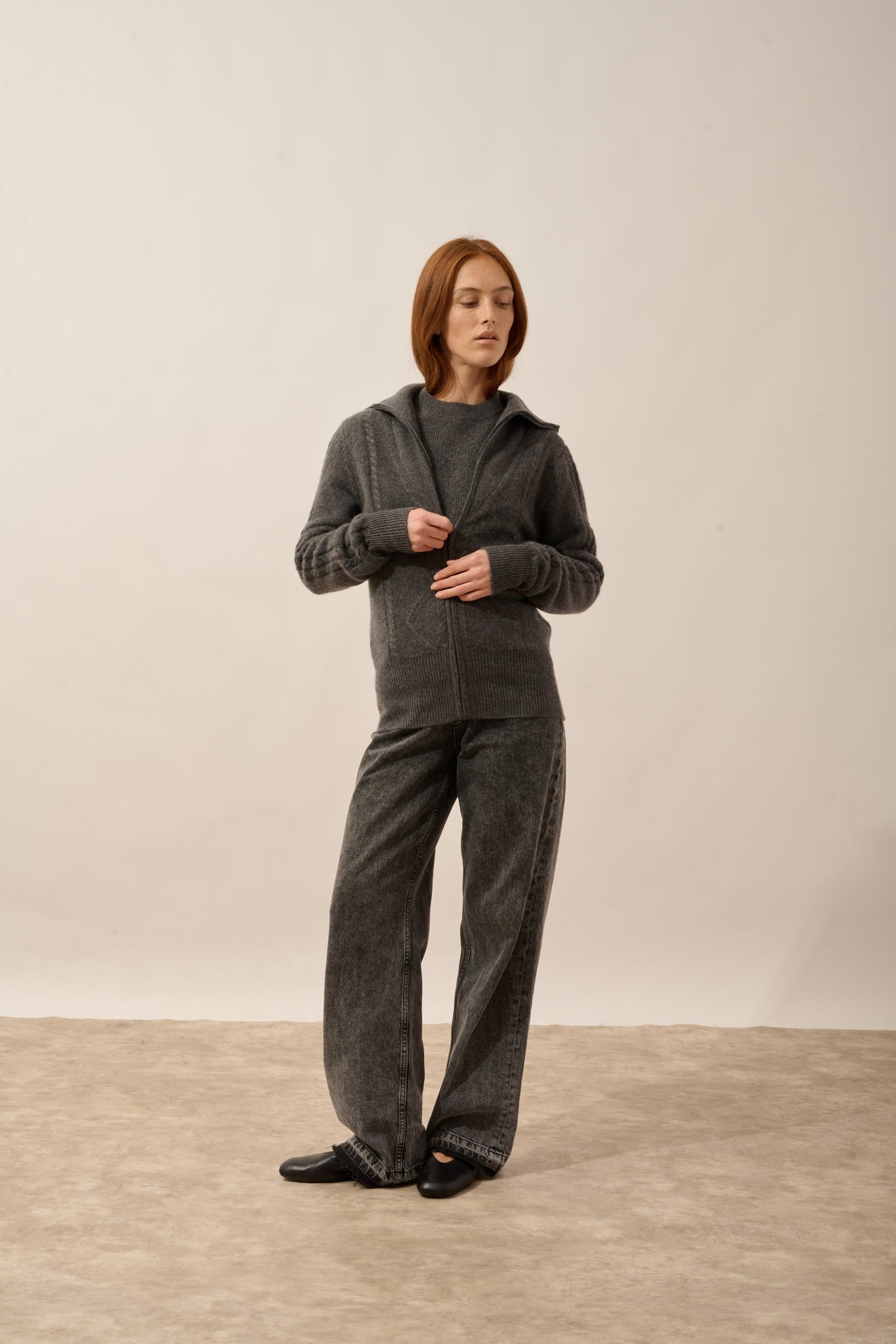 TALARA gilet zippé col camionneur 4 fils anthracite chiné