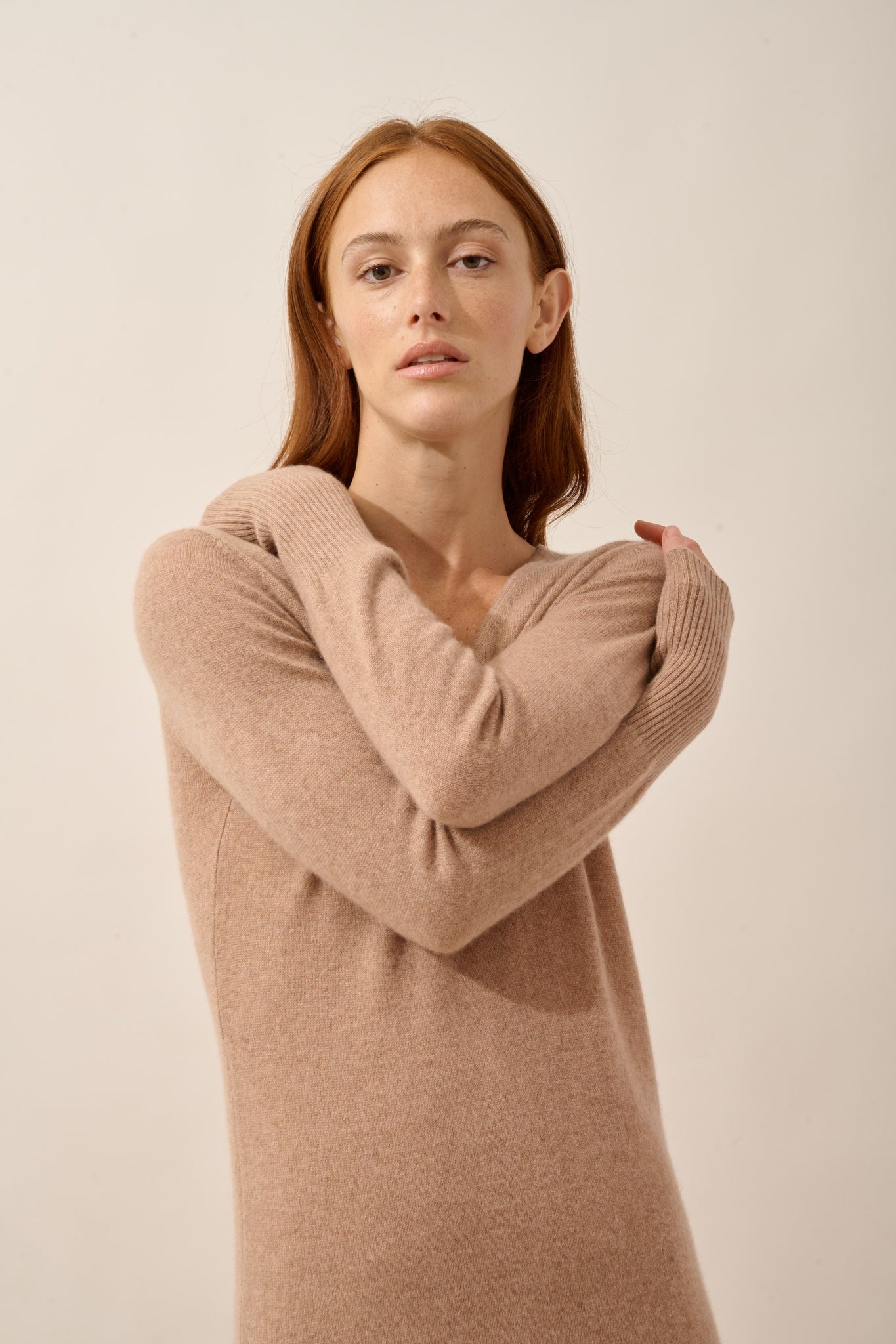 TRACY robe col v camel chiné