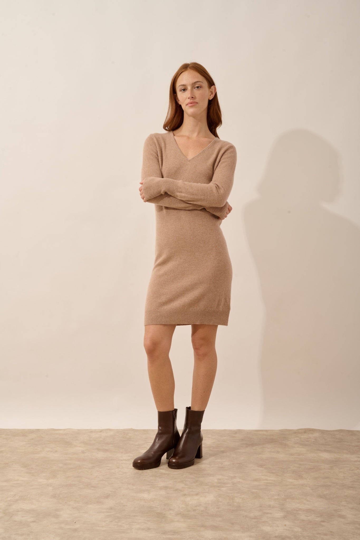 TRACY robe col v camel chiné