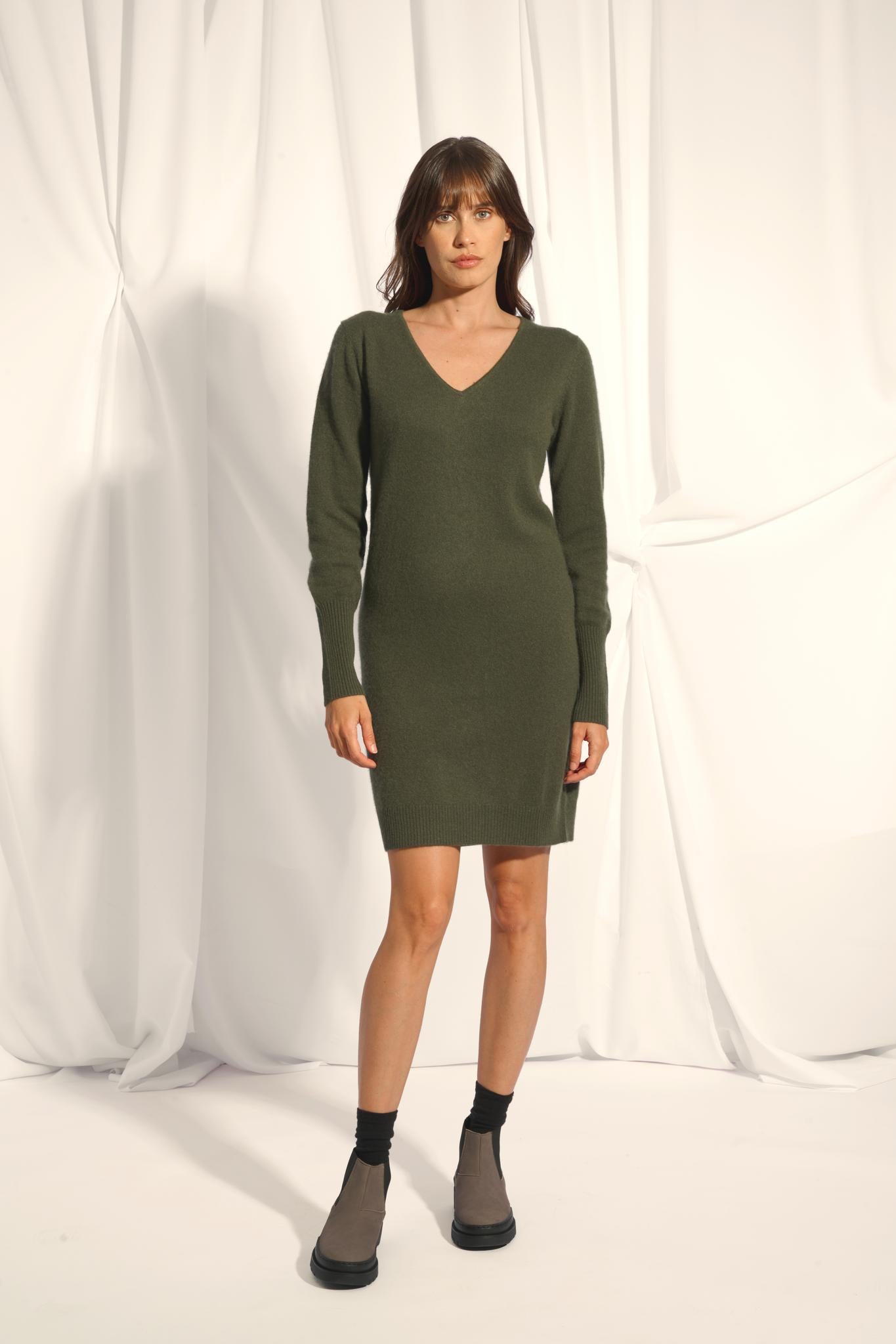 TRACY khaki v-neck dress