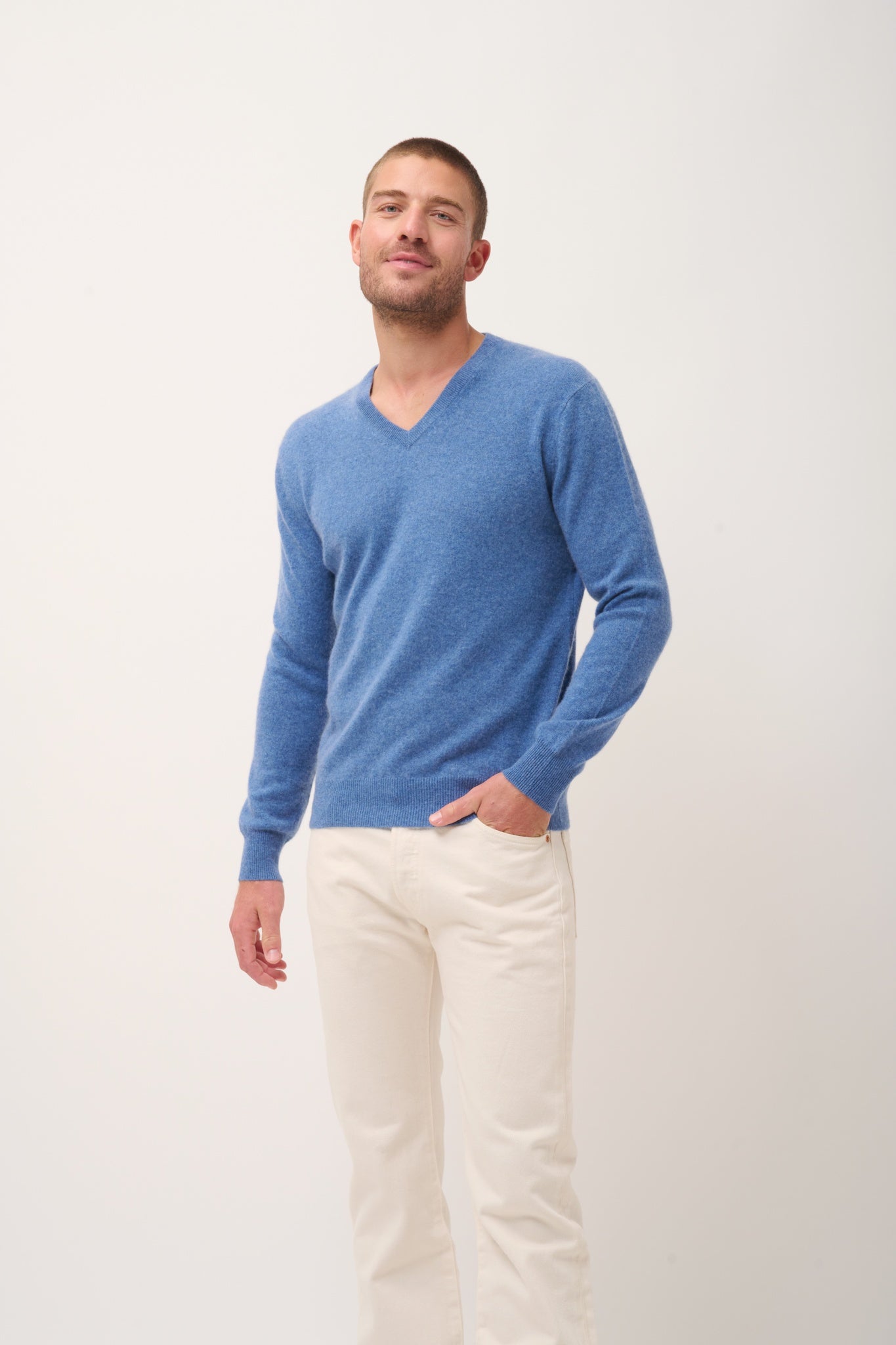 WALT pull col v bleu denim