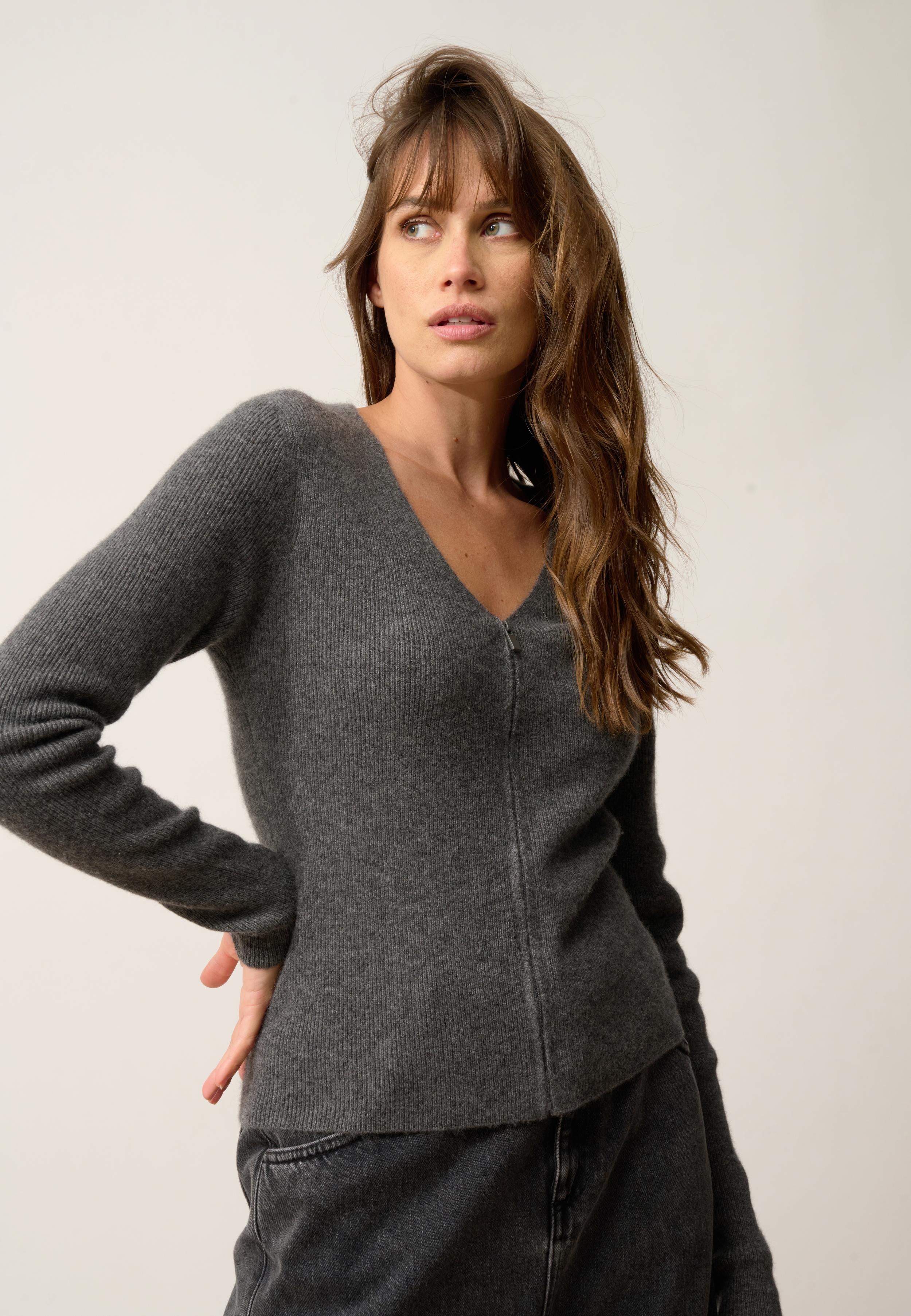 ZION gilet col v anthracite chiné