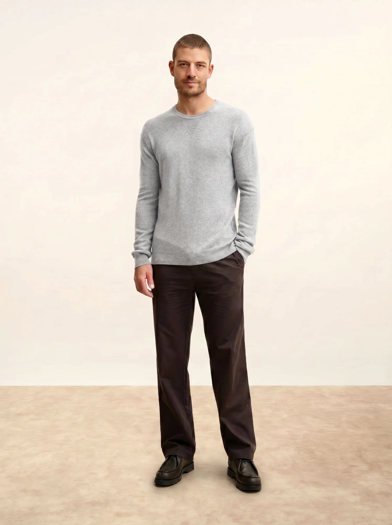 NOE Pull Col Rond Gris Perle Chiné
