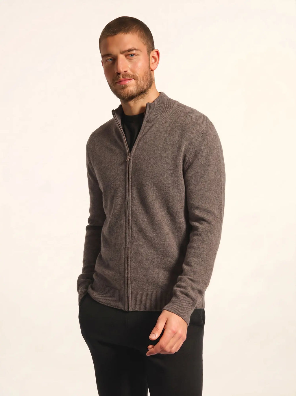 LILOU Gilet Zippé Col Montant Taupe Chiné