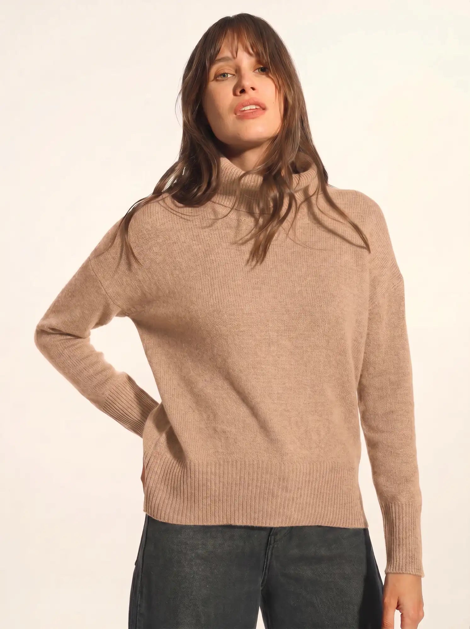 ROMANE Pull Col Roulé 4 Fils Camel Chiné