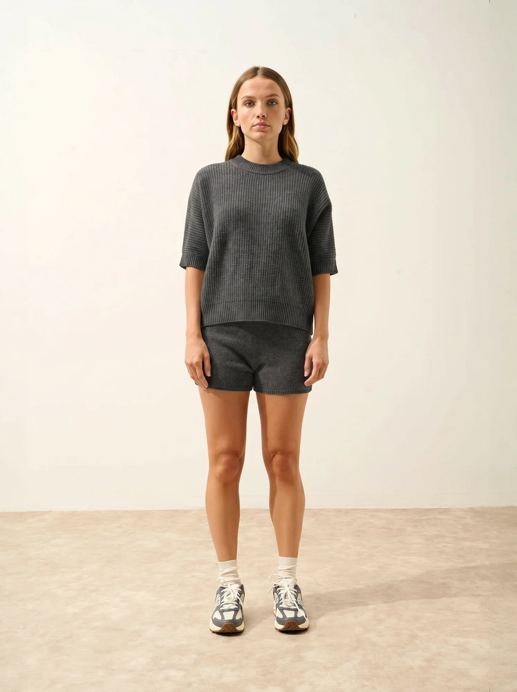 ÉRINA T-Shirt Col Bateau Chauve Souris 4 Fils Anthracite Chiné