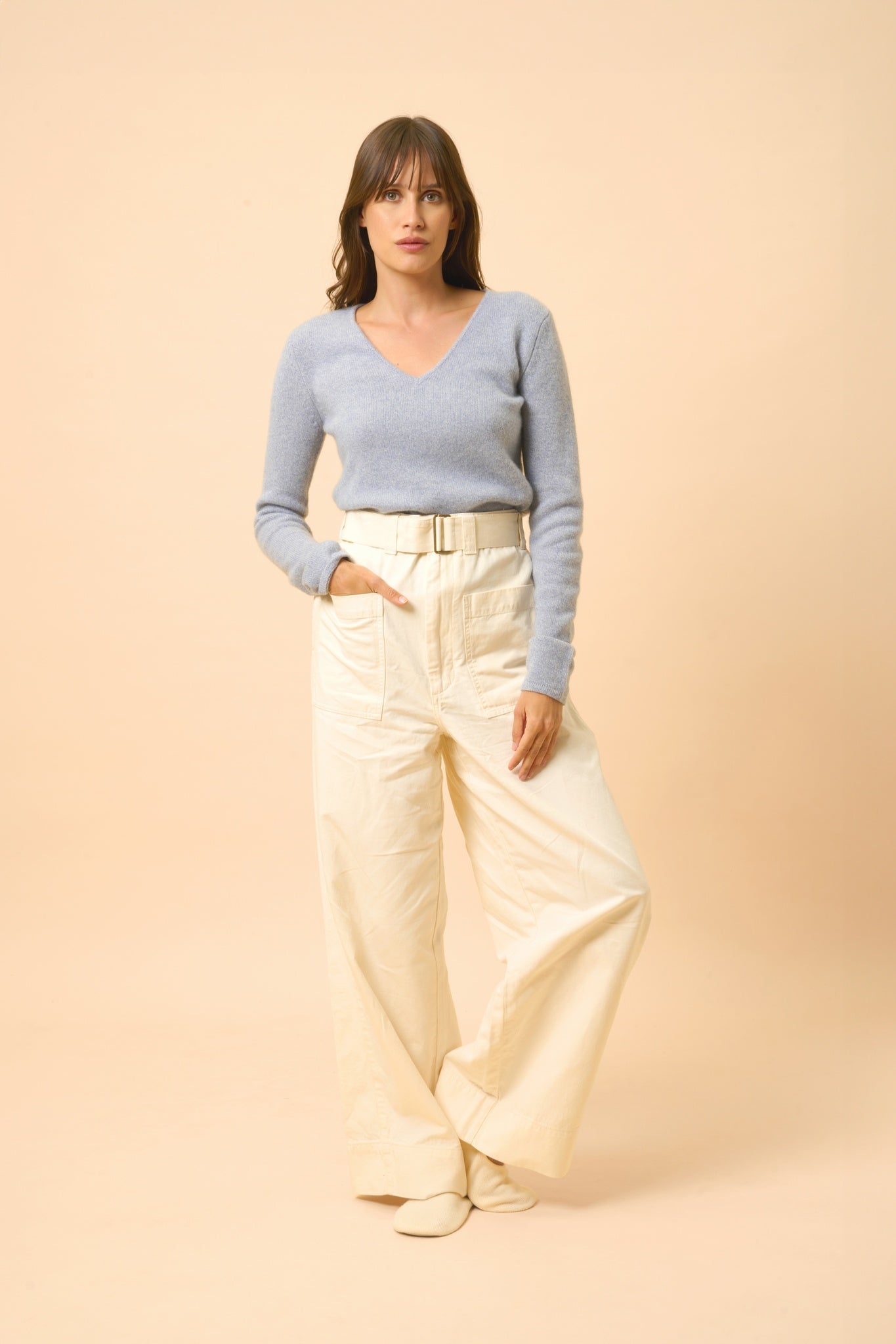 ABBY pull col v bleu ivoire