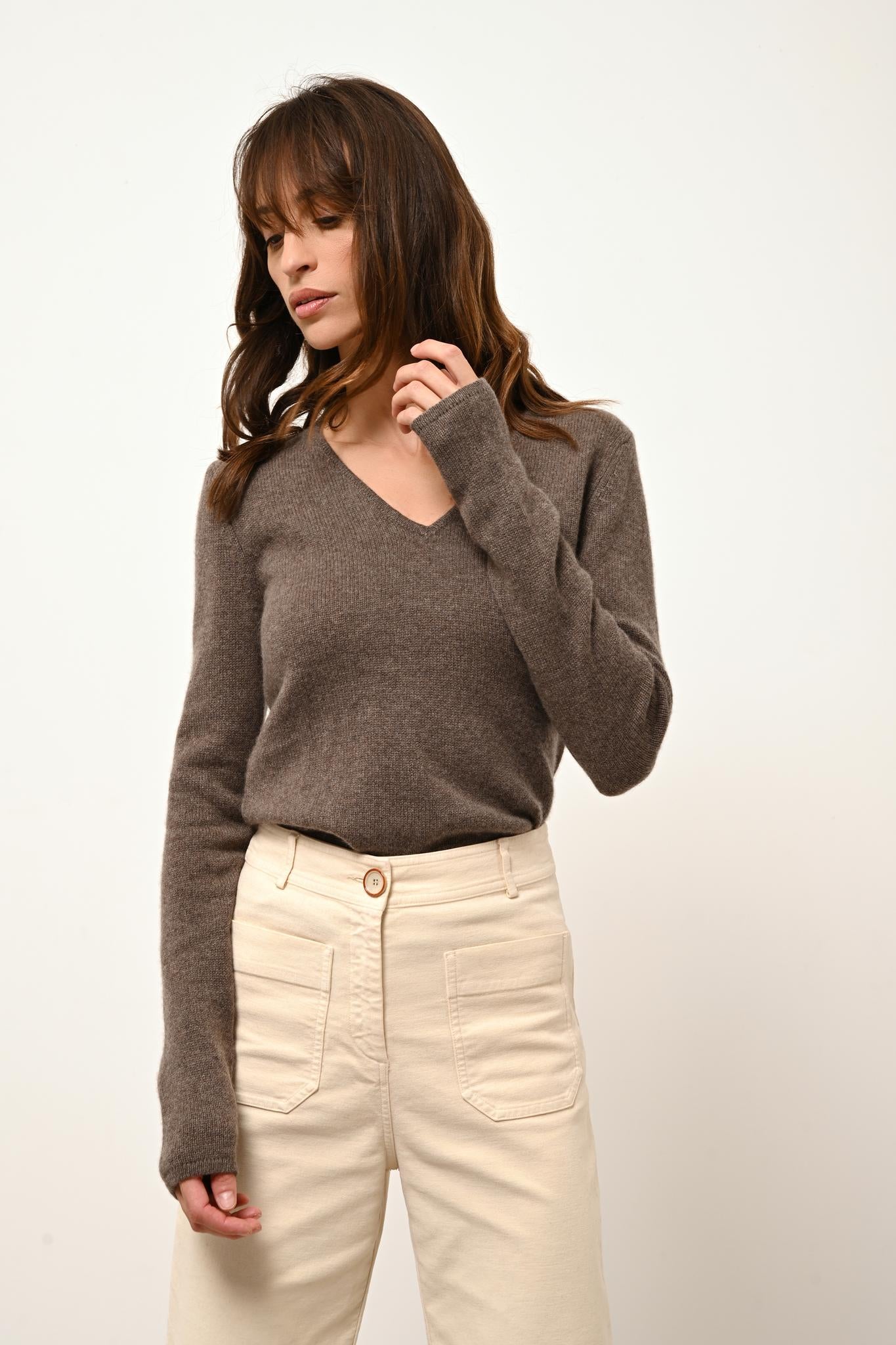 ABBY pull col v taupe chiné
