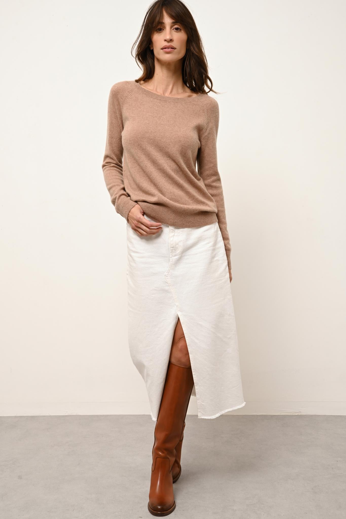 ABIGAIL pull col bateau goutte dos camel chiné